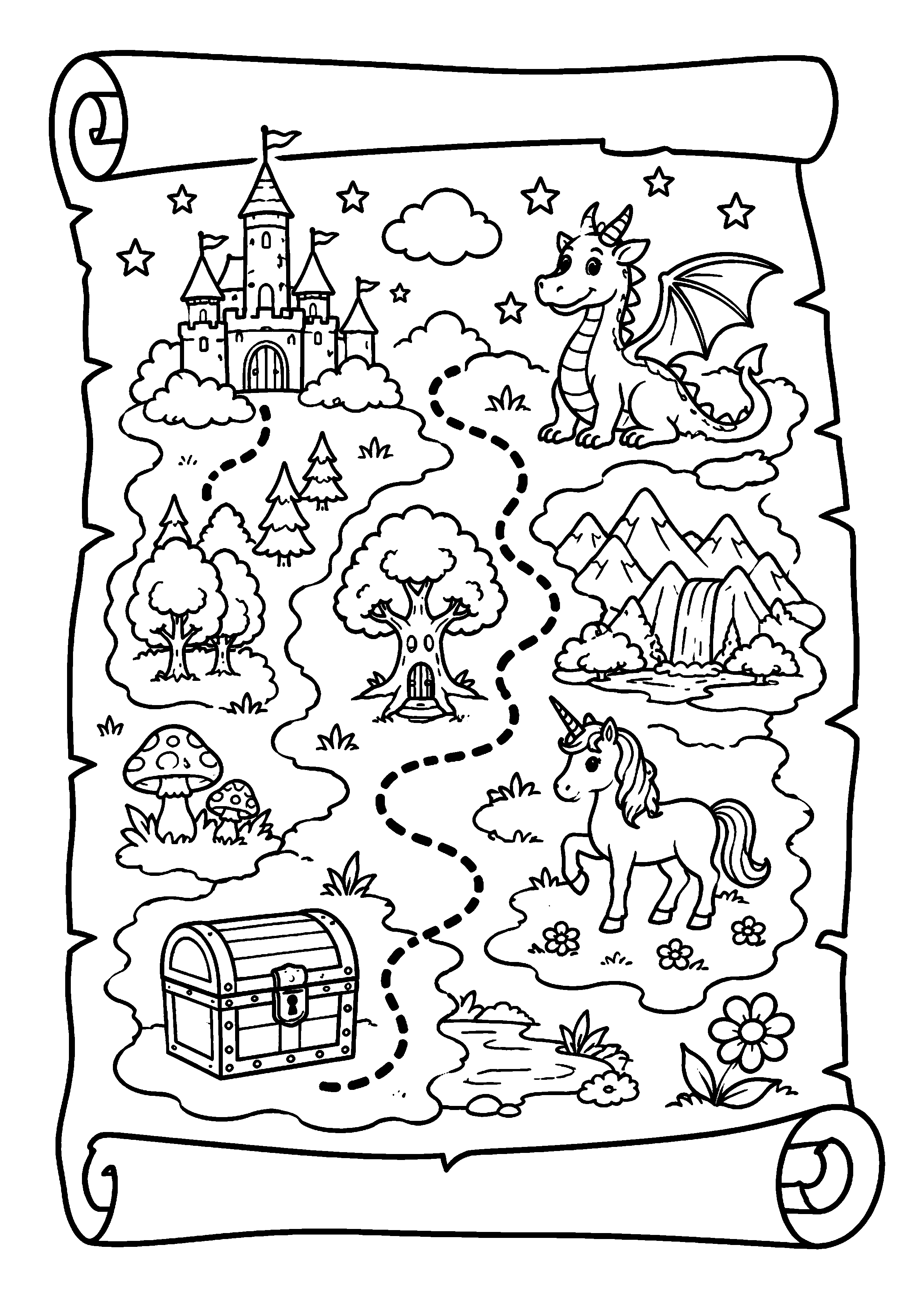 Coloriage carte fantastique avec château, dragon et coffre à imprimer gratuitement