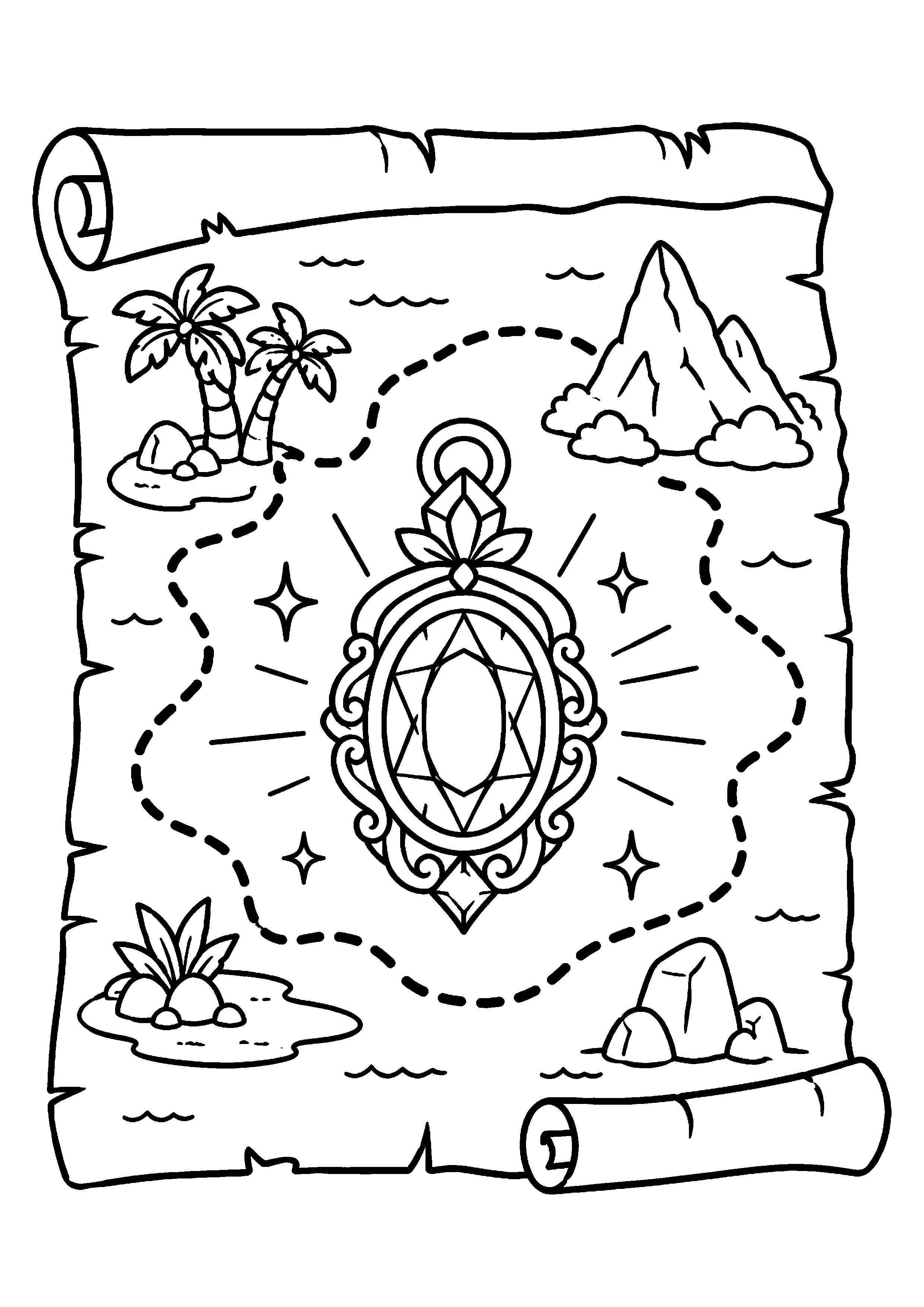 Coloriage carte d’île avec boussole au centre à imprimer gratuitement