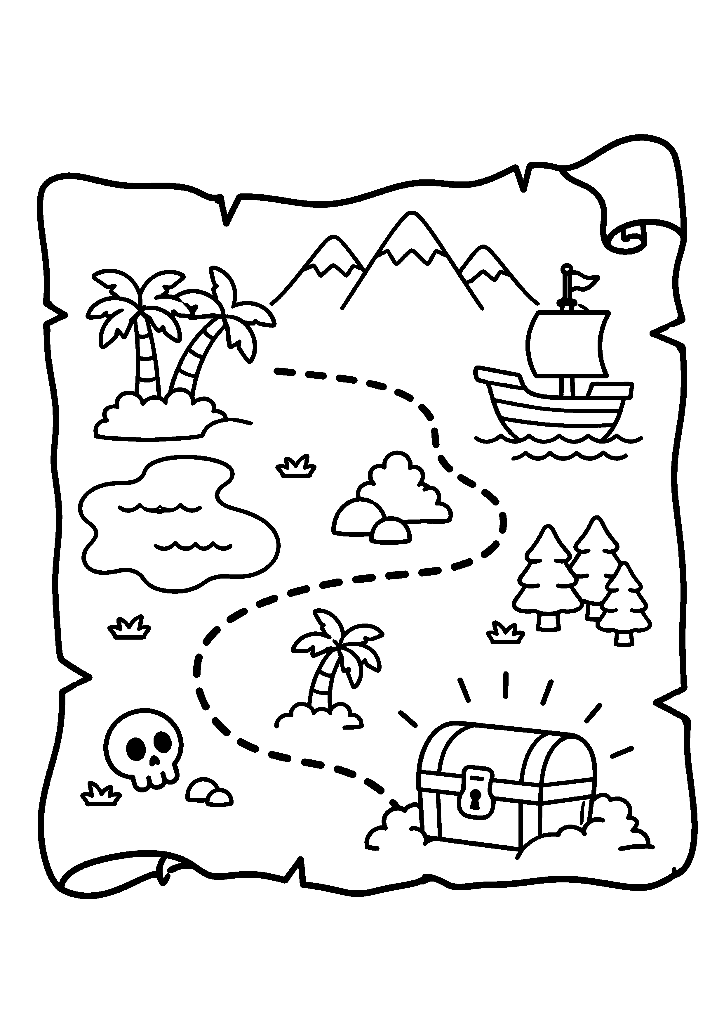 Coloriage carte au trésor avec îles, bateau et coffre à imprimer gratuitement