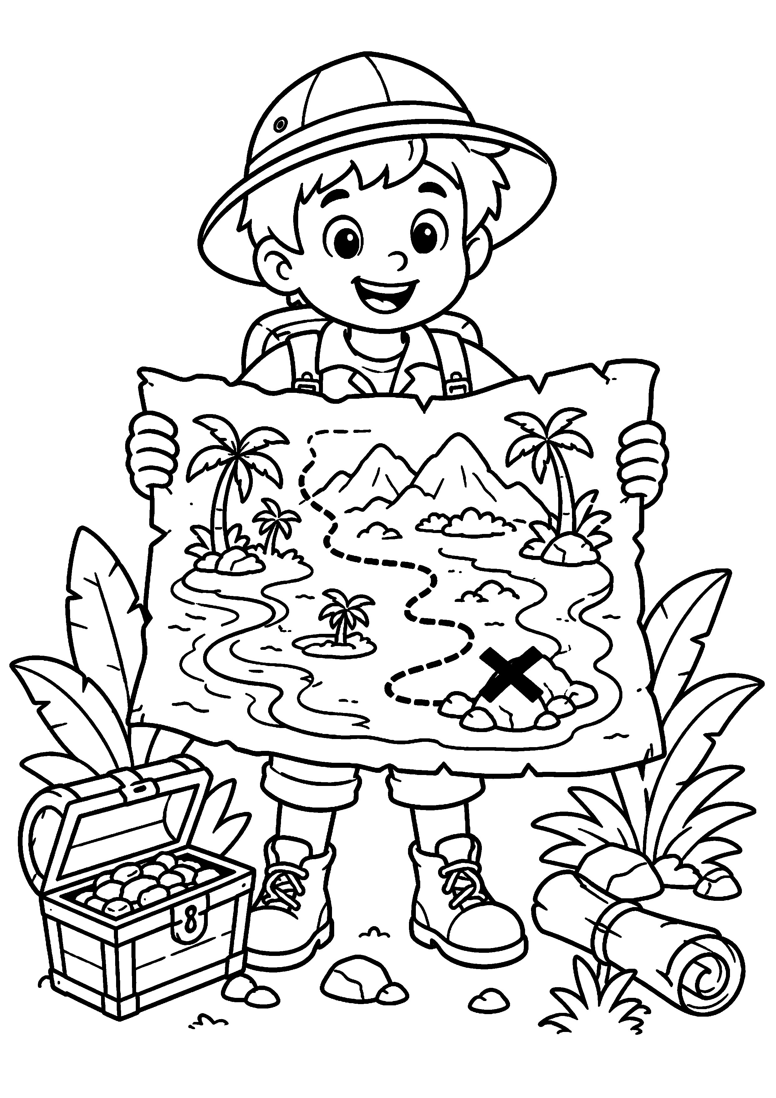 Coloriage jeune explorateur montrant une grande carte au trésor à imprimer gratuitement