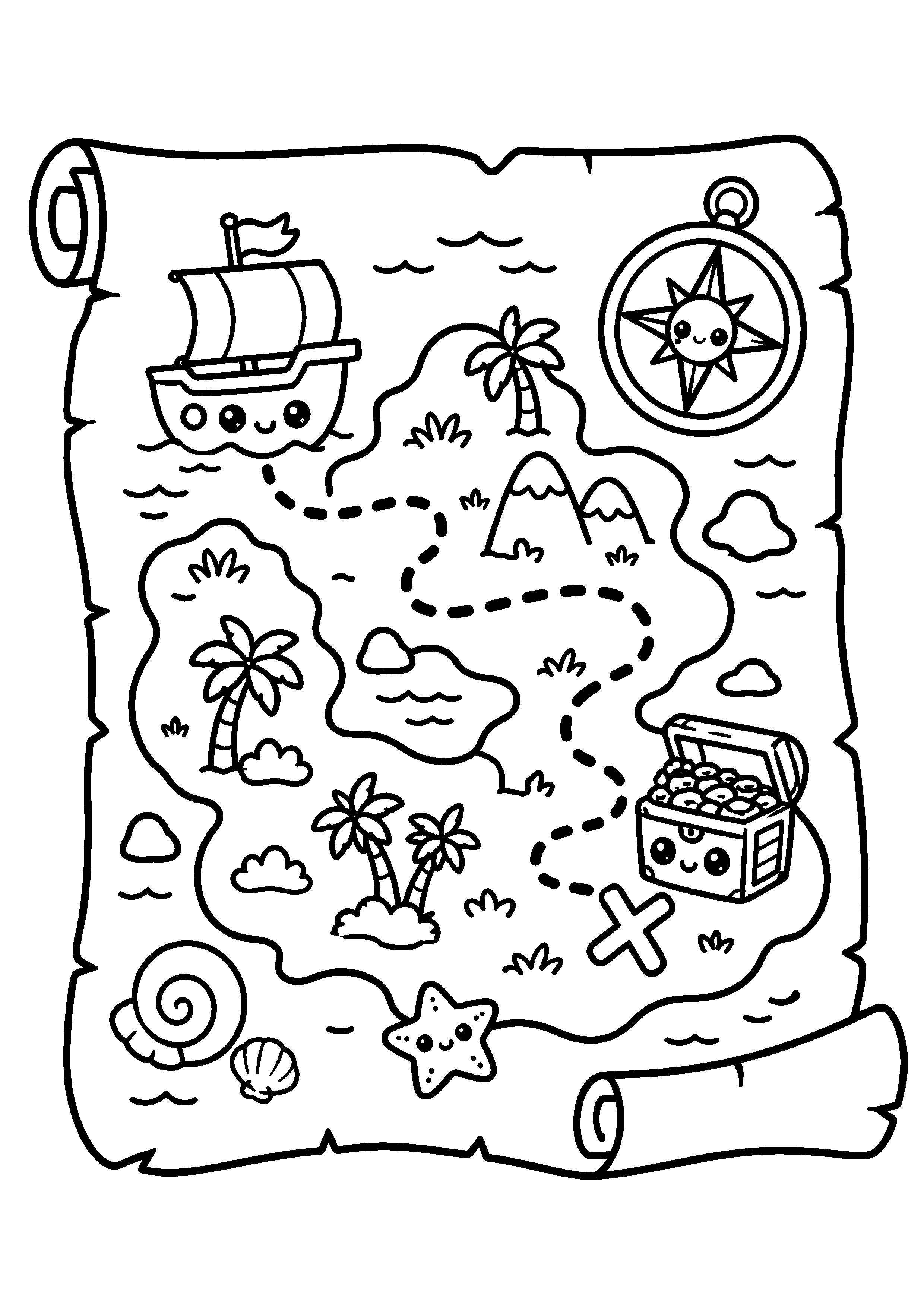 Coloriage carte de pirate avec boussole, bateau et coffre à imprimer gratuitement