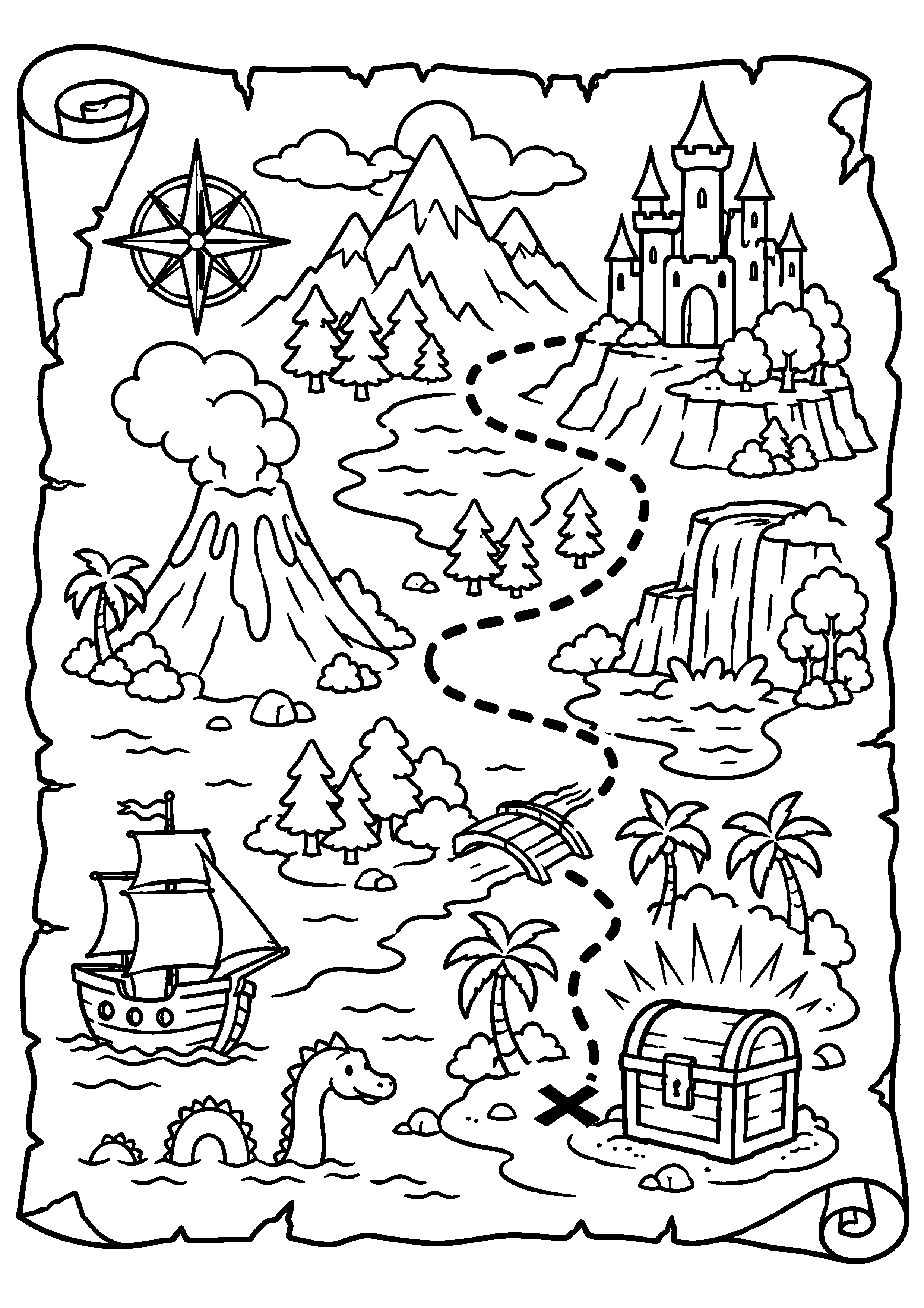 Coloriage carte d’aventure avec montagnes, château et rivières à imprimer gratuitement