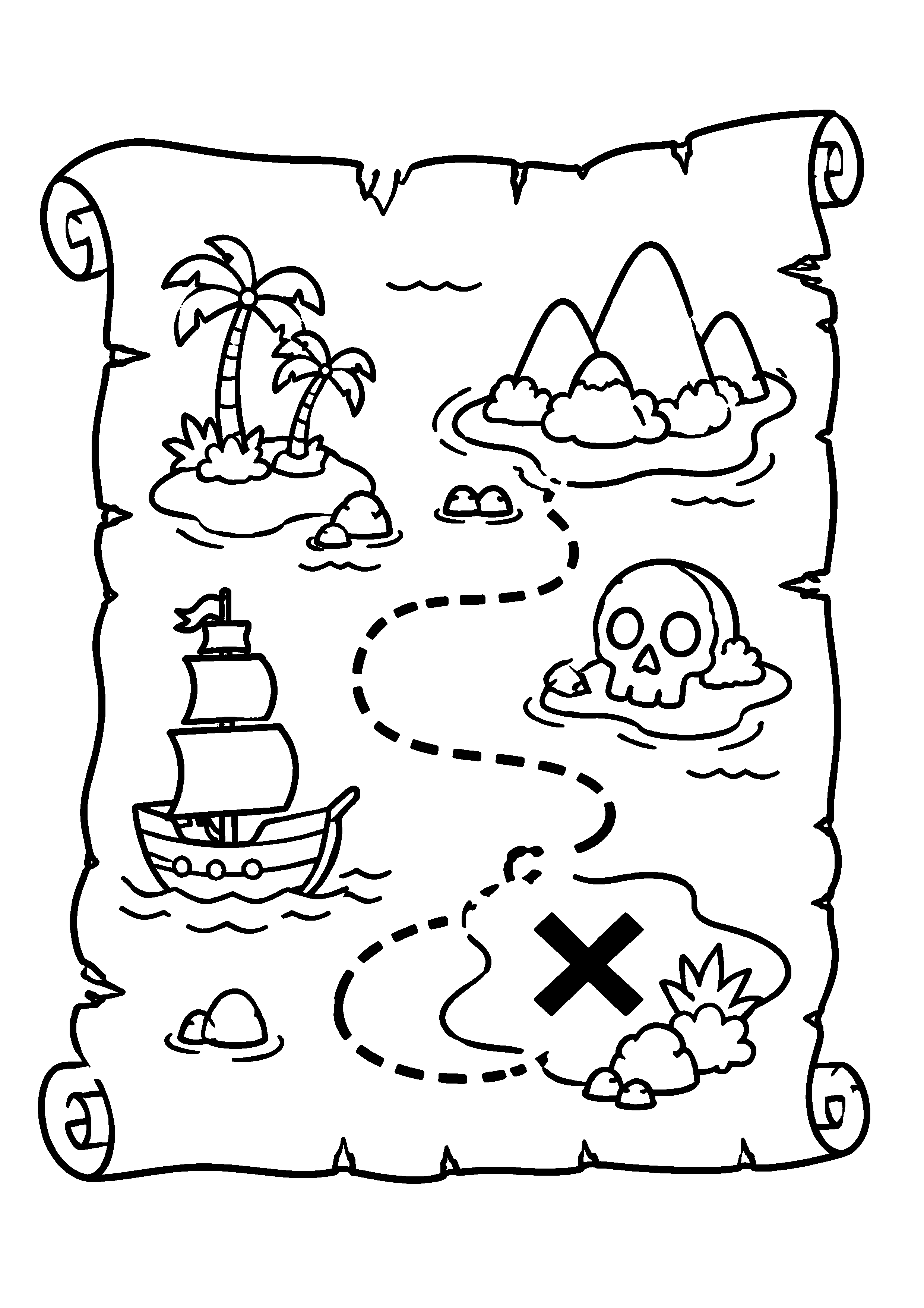 Coloriage carte au trésor avec bateau, crâne et grand X à imprimer gratuitement