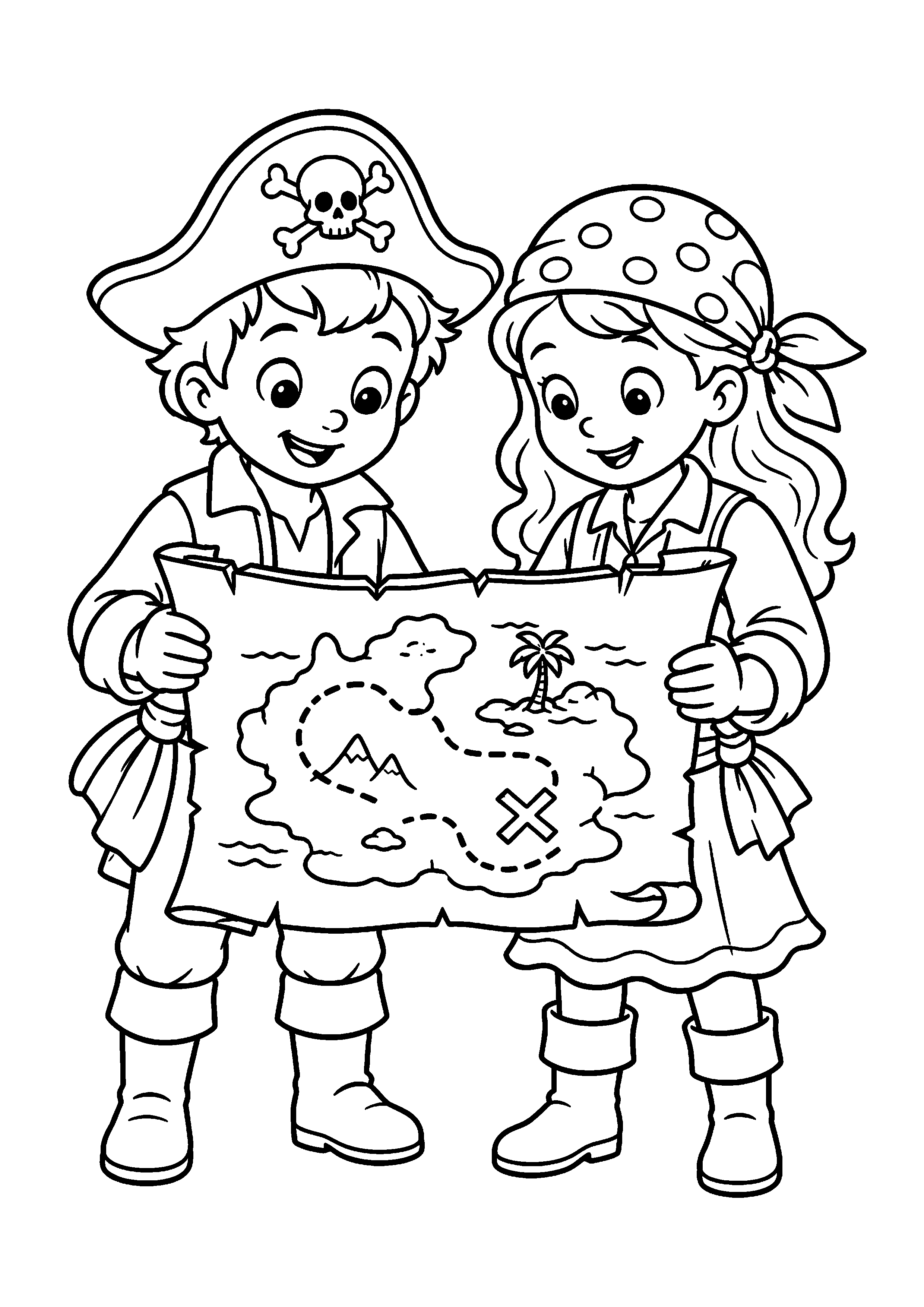 Coloriage deux enfants pirates présentant une carte à imprimer gratuitement