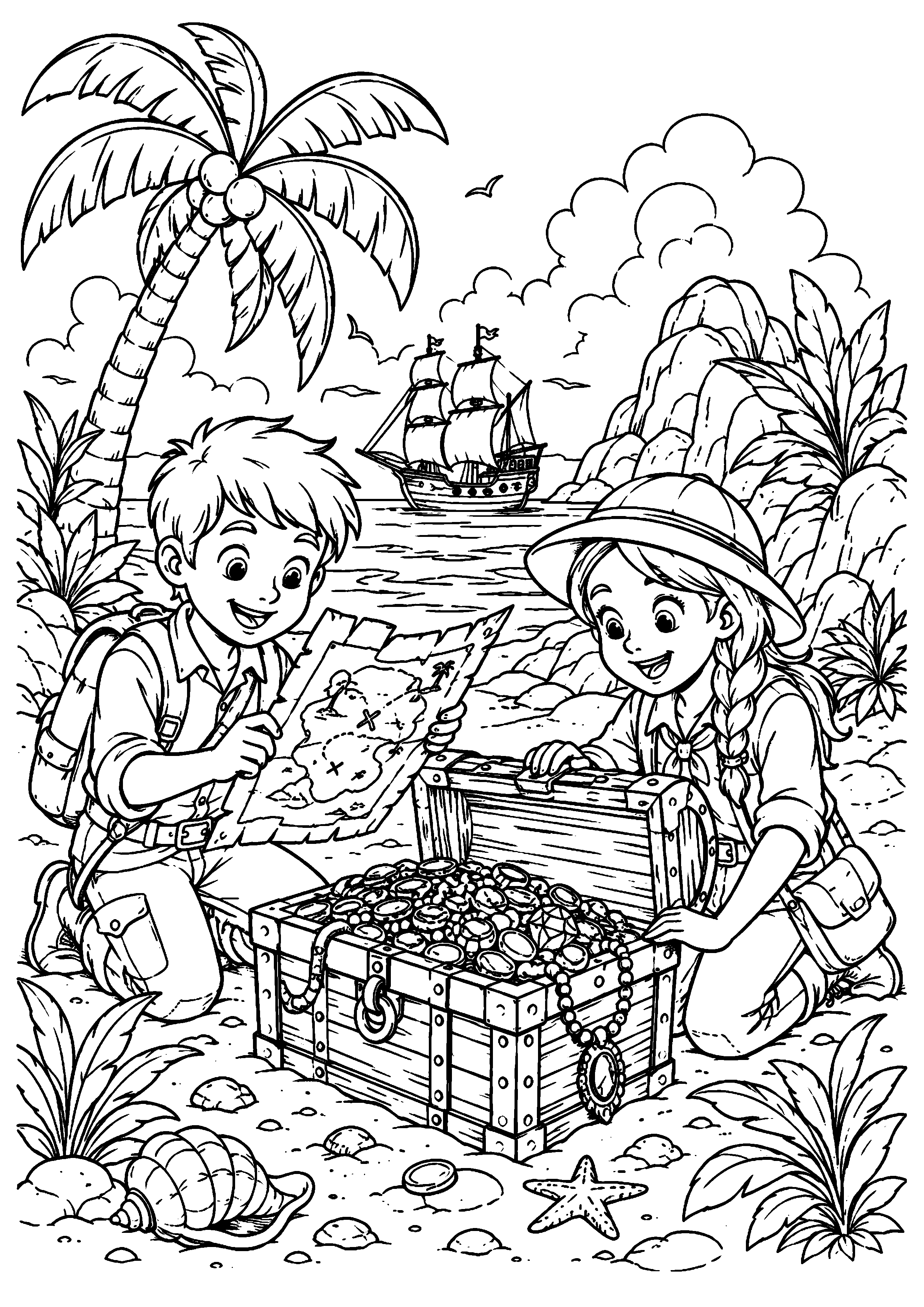 Coloriage deux explorateurs ouvrant un coffre en suivant une carte à imprimer gratuitement