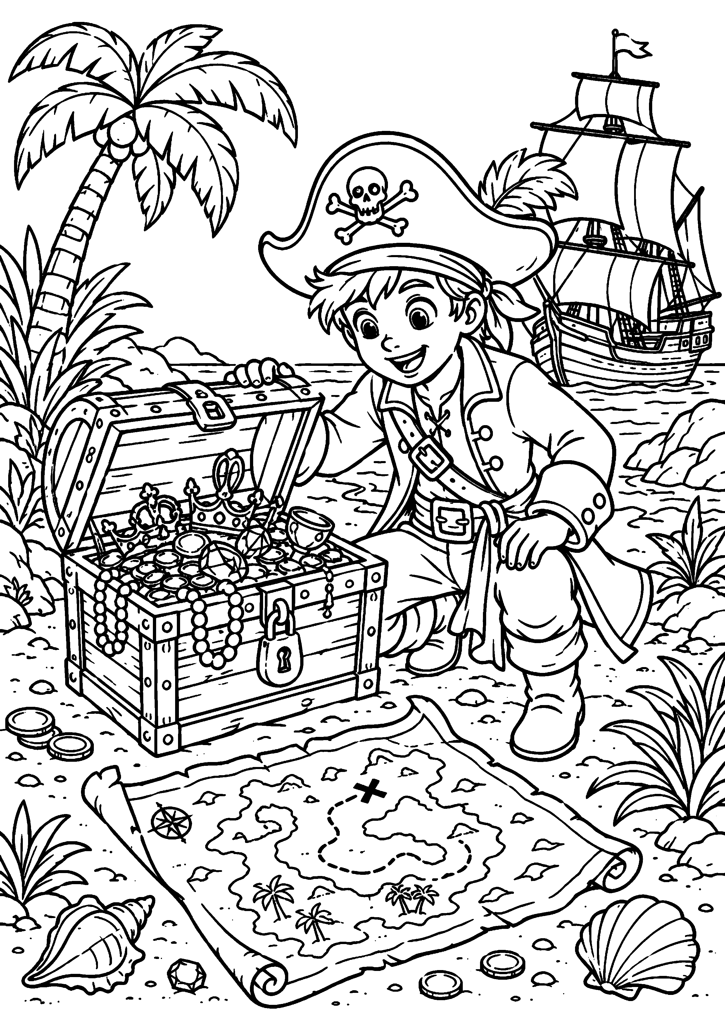 Coloriage jeune pirate près d’un coffre et d’une carte à imprimer gratuitement