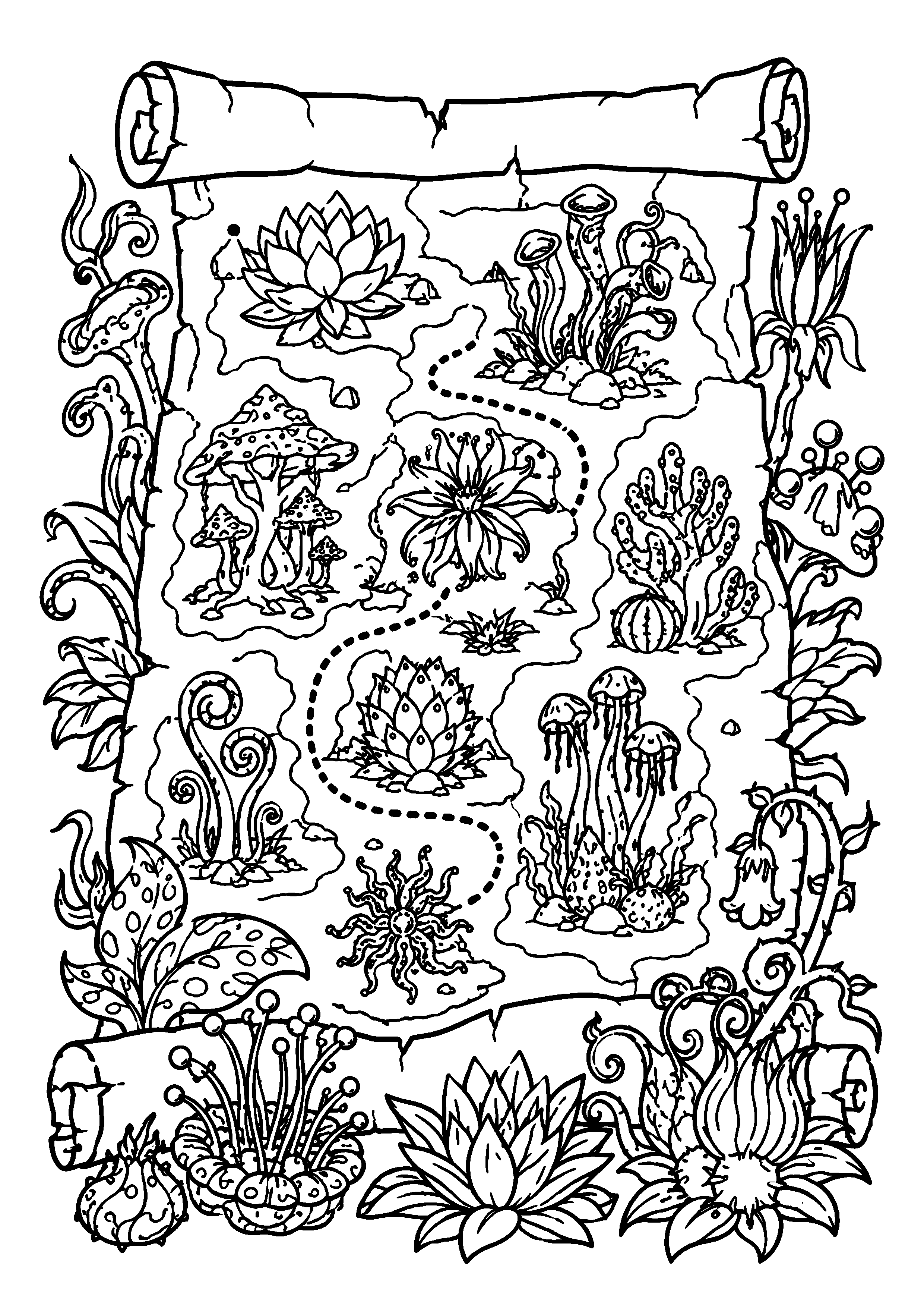 Coloriage carte d’aventure dans la jungle très détaillée à imprimer gratuitement