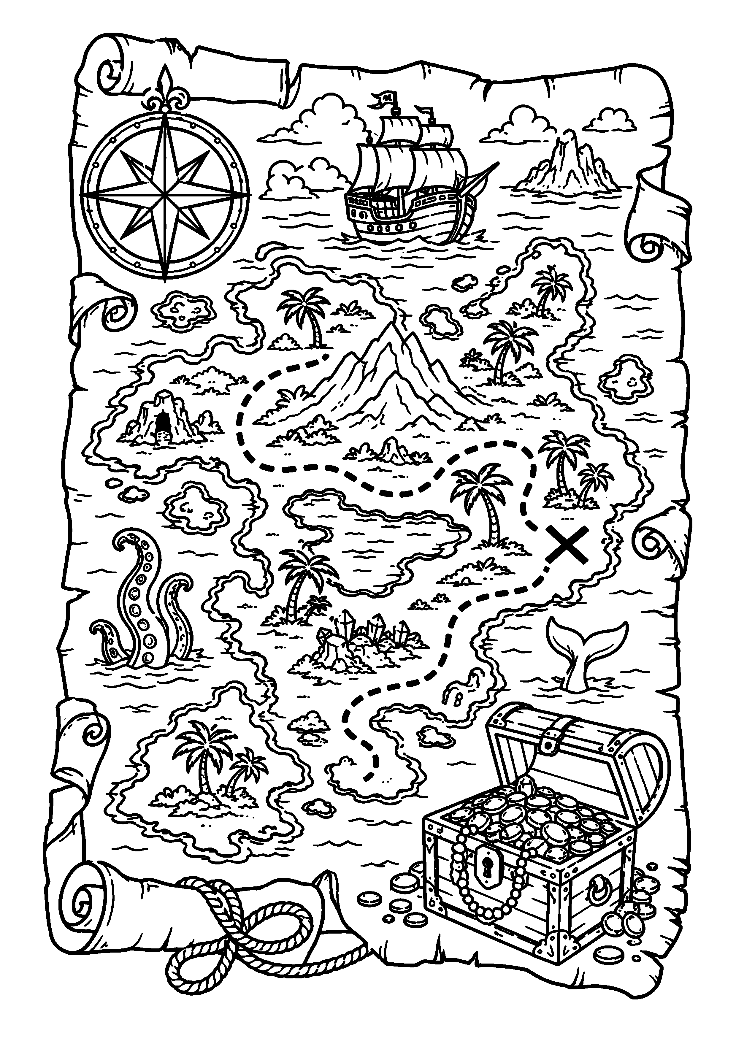 Coloriage carte au trésor détaillée avec boussole et coffre à imprimer gratuitement