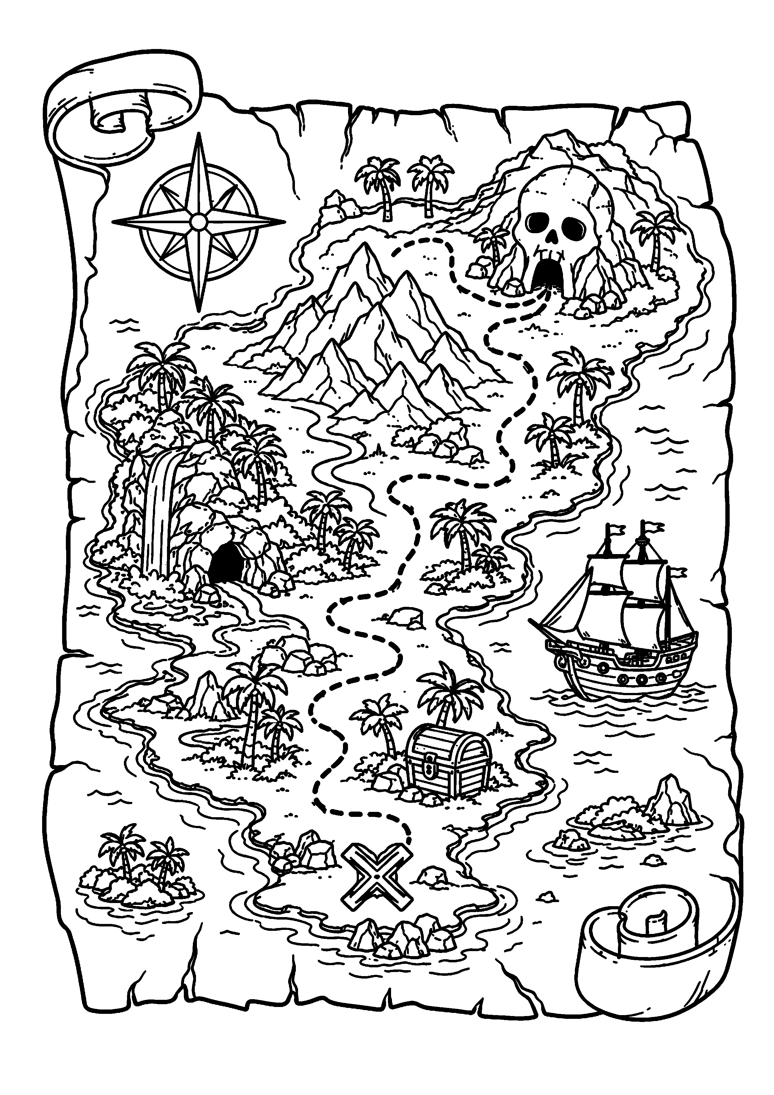 Coloriage ancienne carte pirate avec crâne, bateau et parcours à imprimer gratuitement
