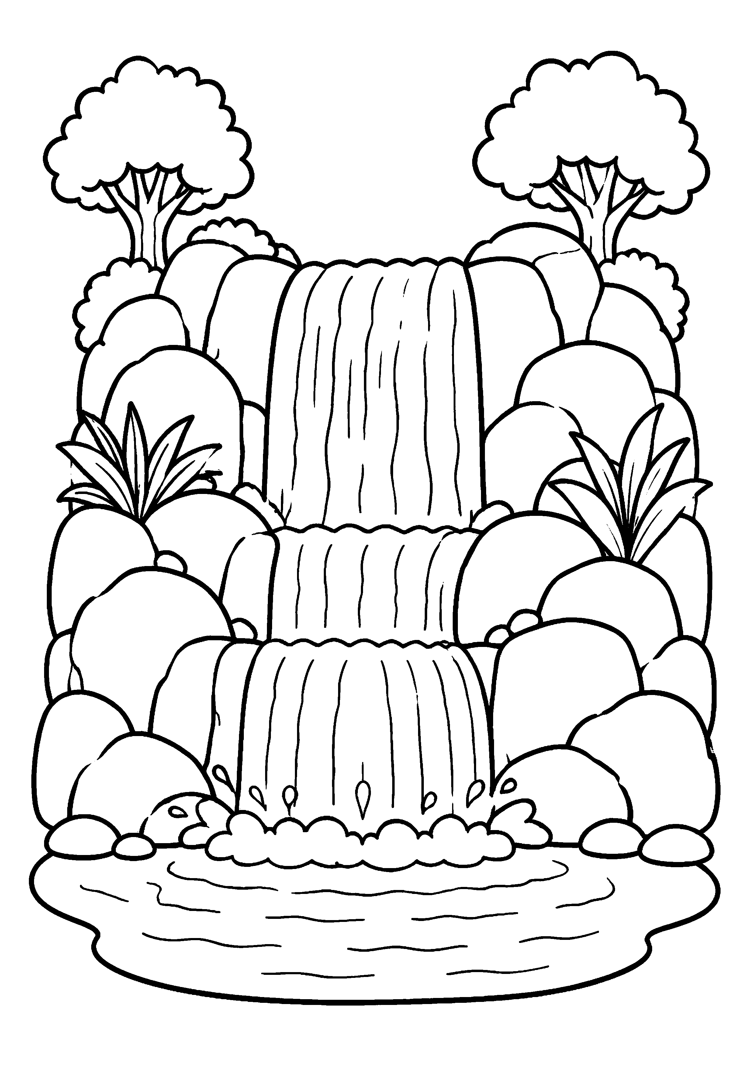 Coloriage cascade à deux niveaux entre des rochers à imprimer