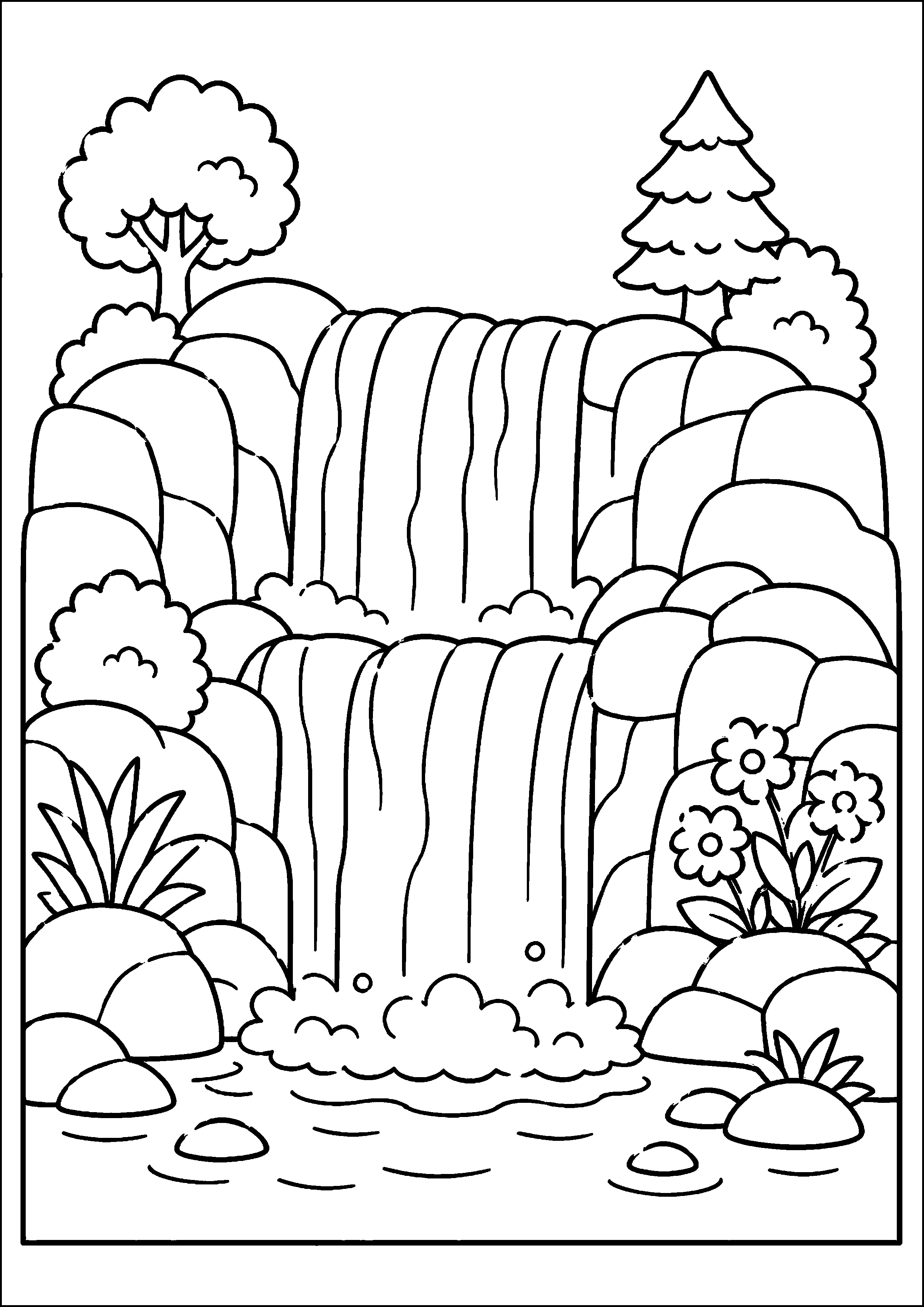 Coloriage cascade à deux niveaux dans une forêt à imprimer