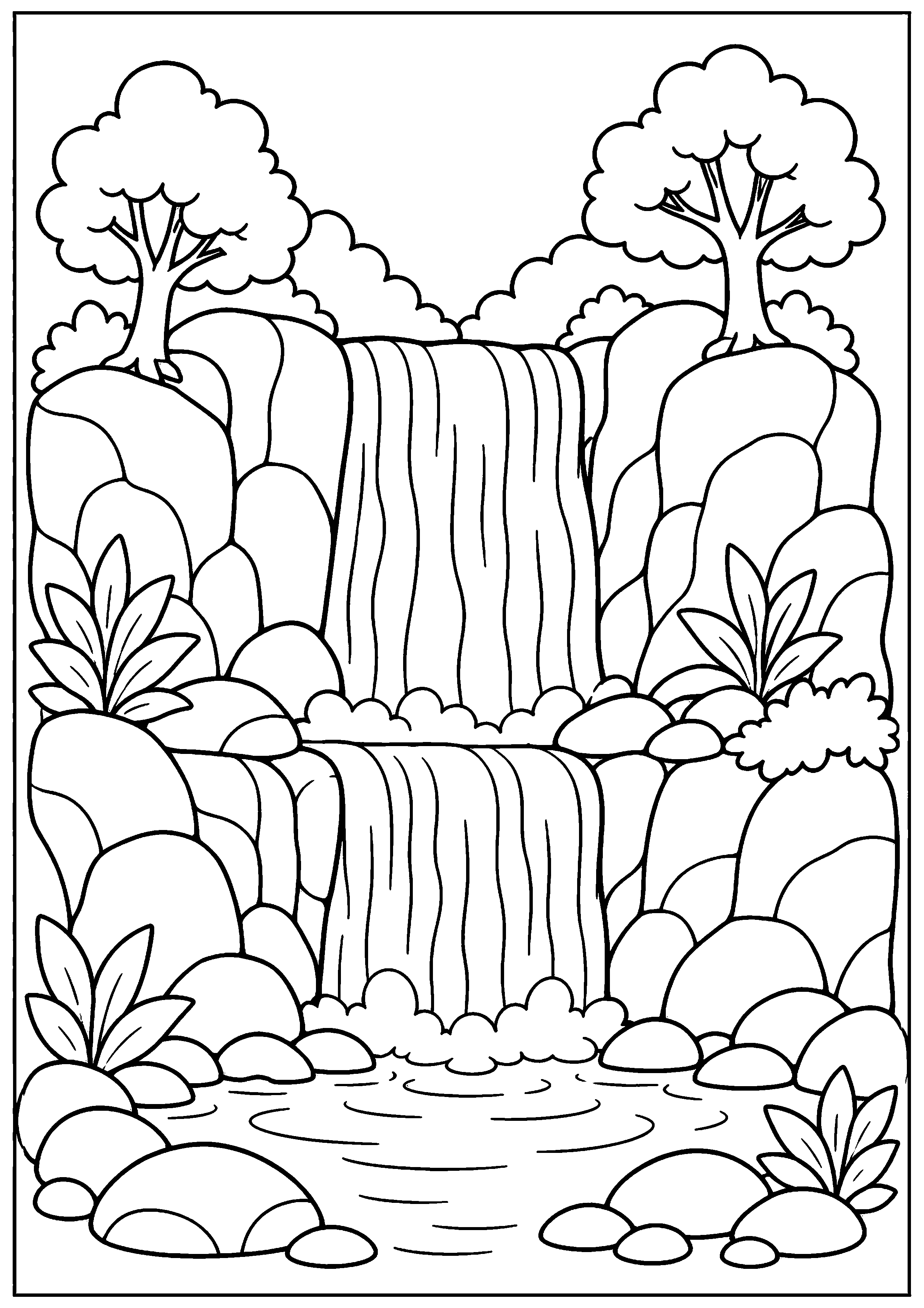 Coloriage double cascade au milieu des arbres à imprimer gratuitement