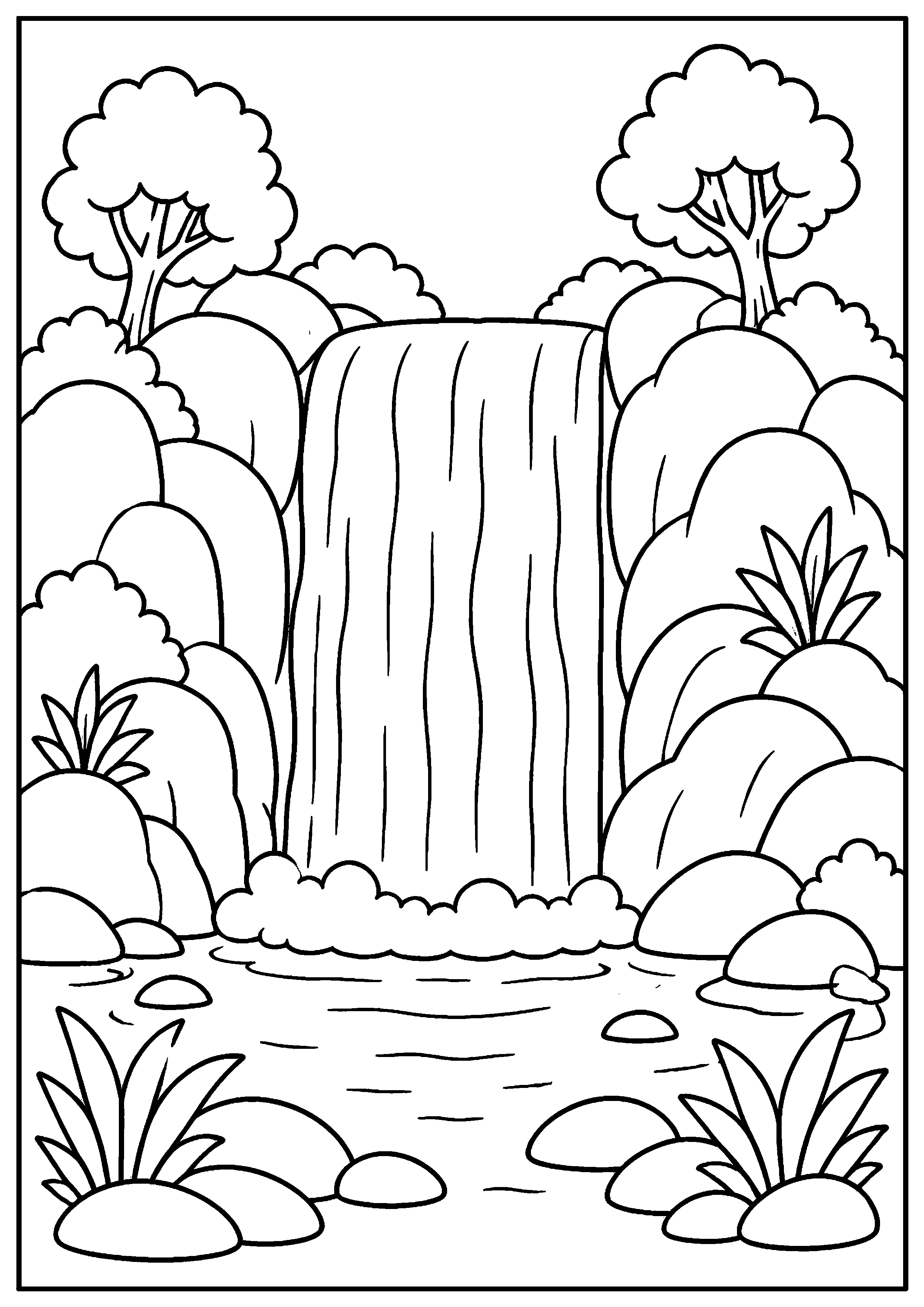 Coloriage cascade dans un bassin entouré de végétation à imprimer gratuitement
