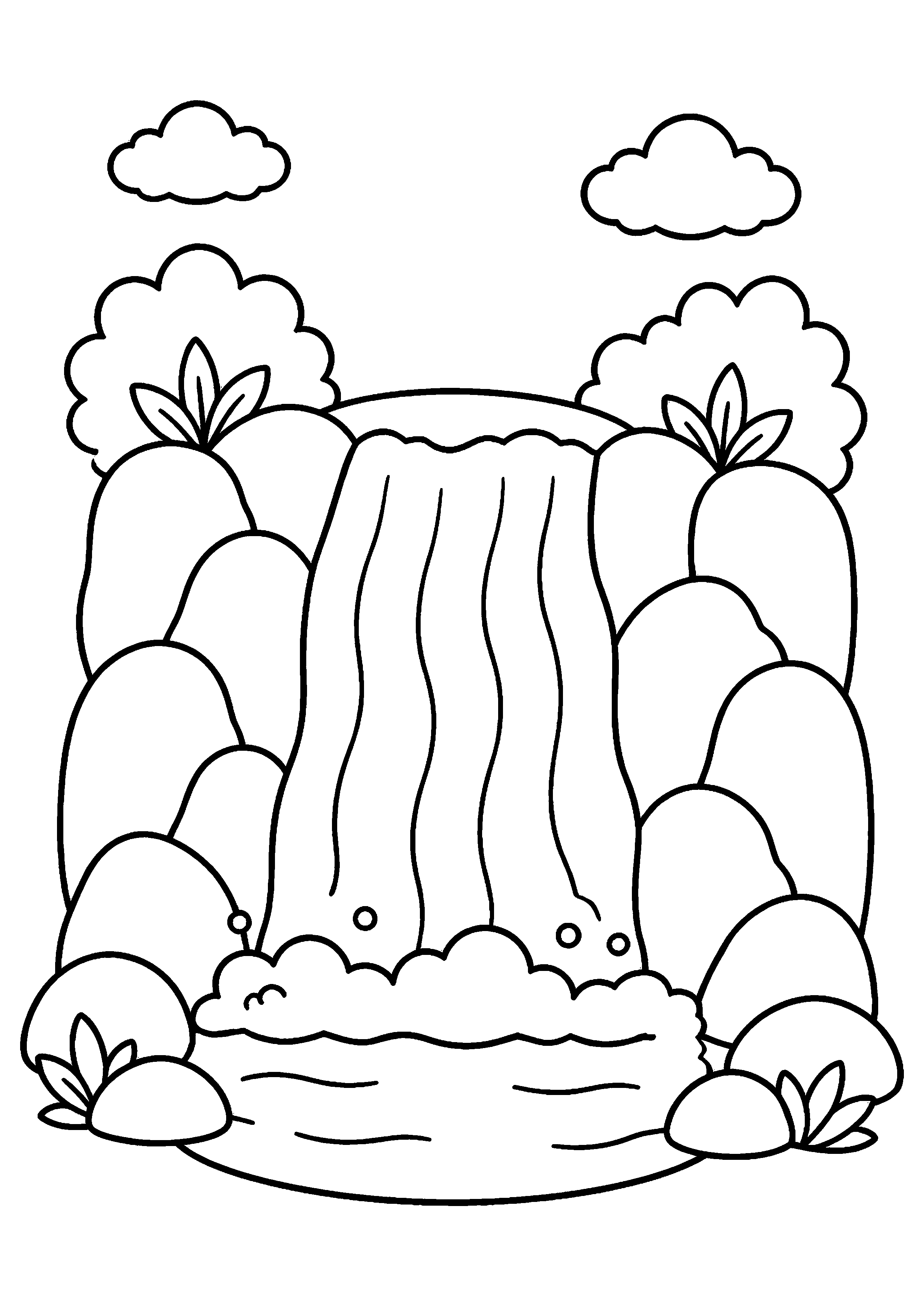 Coloriage petite cascade simple sous les nuages à imprimer gratuitement