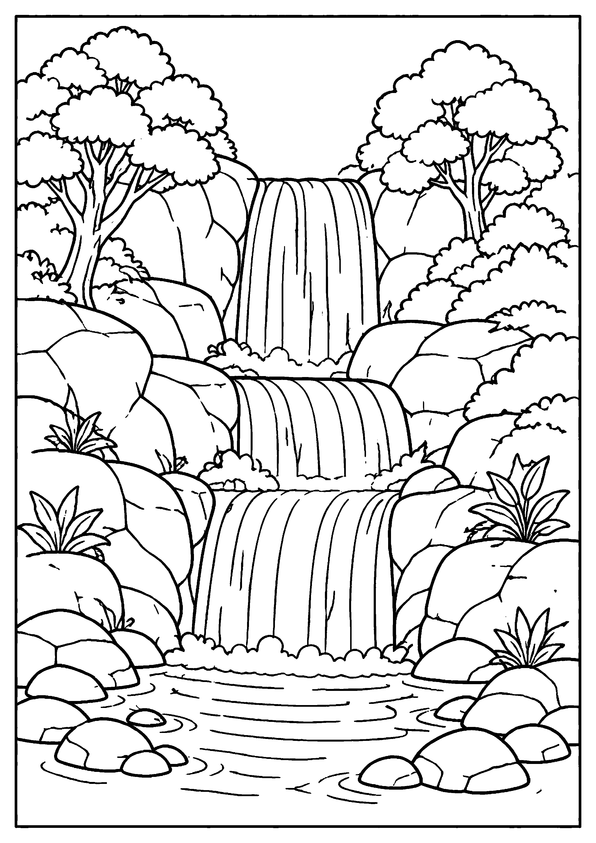 Coloriage cascades successives en forêt à imprimer gratuitement