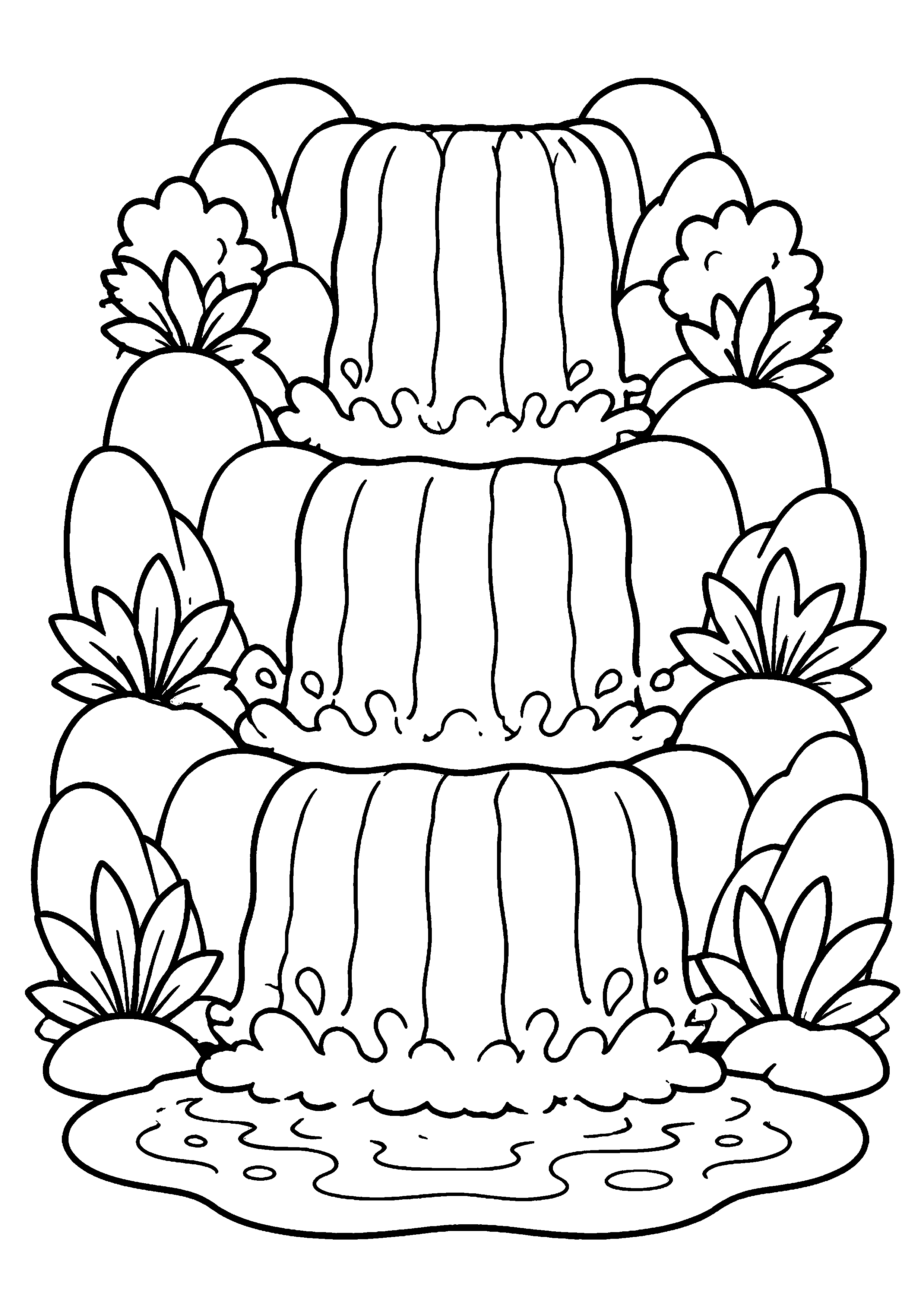 Coloriage cascade à trois niveaux avec plantes à imprimer gratuitement