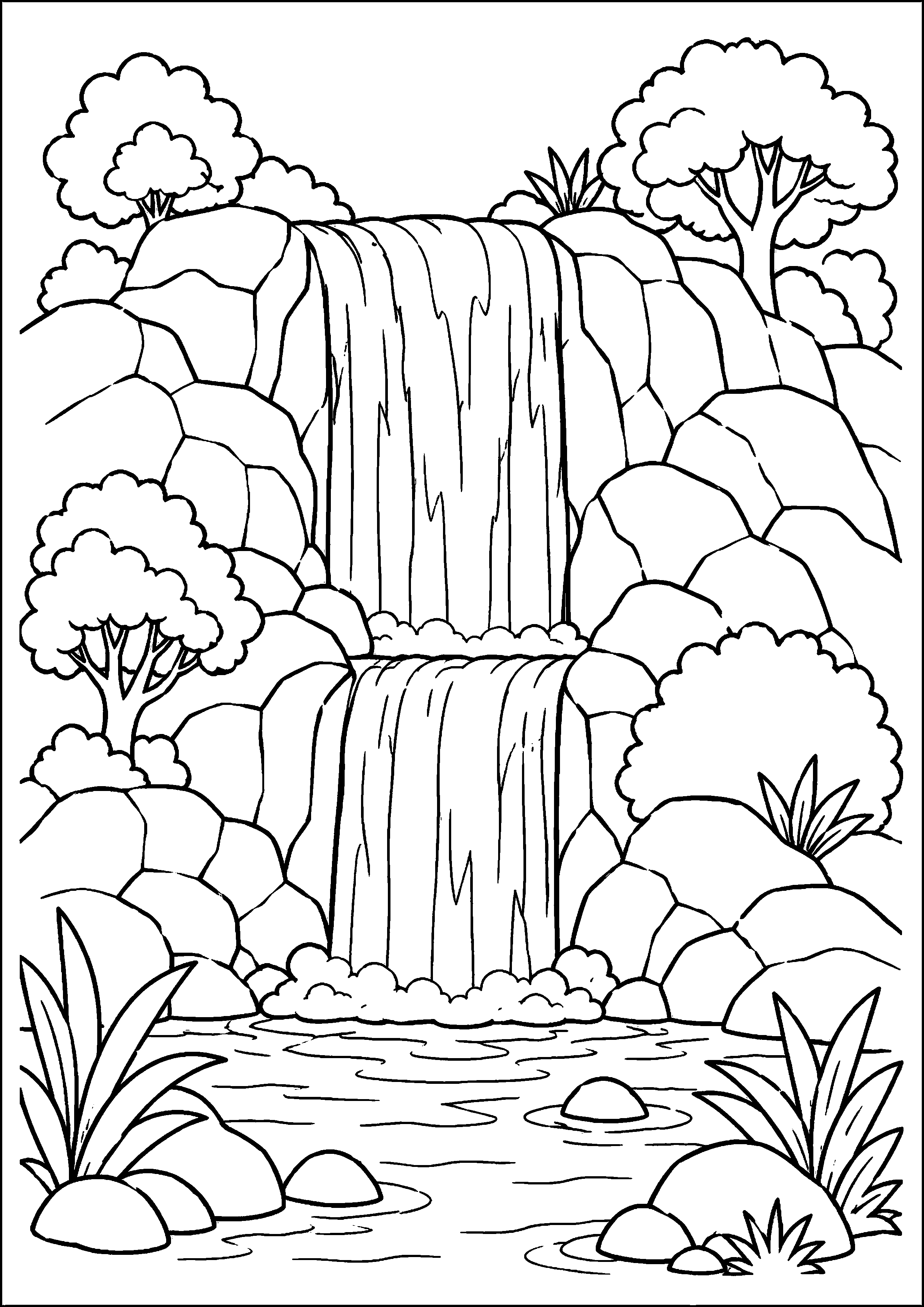 Coloriage grande cascade entre des falaises boisées à imprimer gratuitement