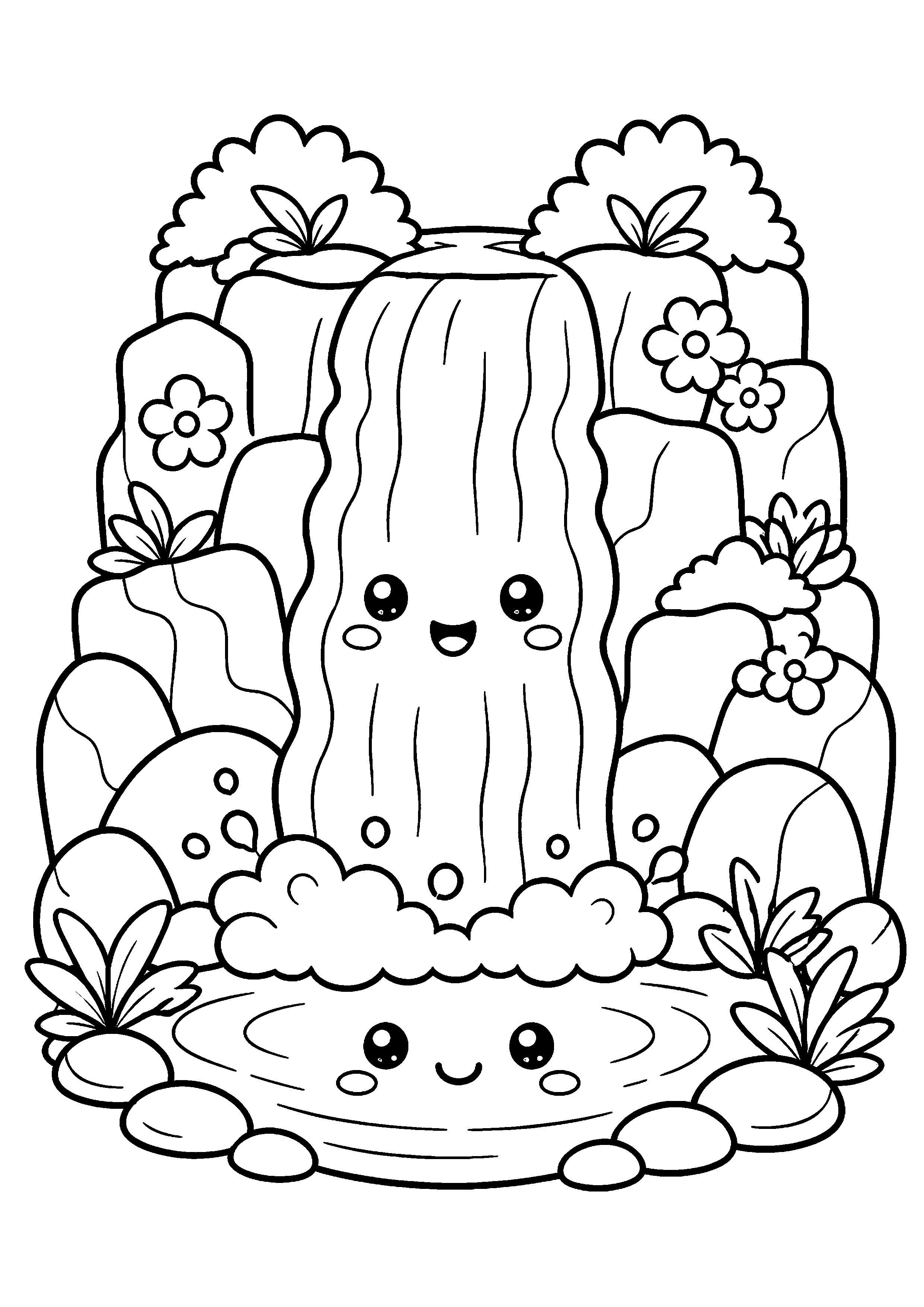 Coloriage cascade kawaii avec visage et fleurs à imprimer gratuitement