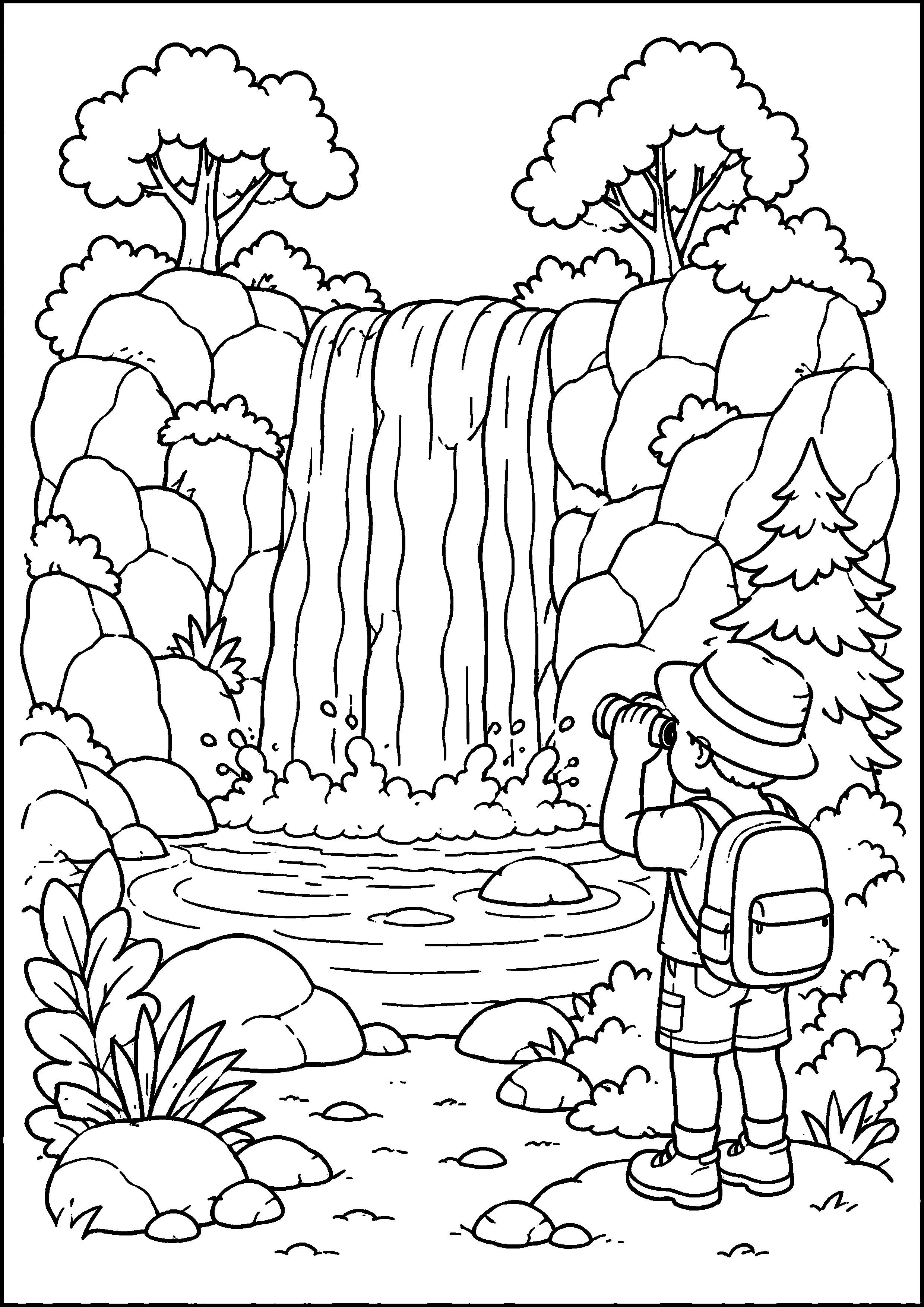 Coloriage enfant observant une cascade à imprimer gratuitement