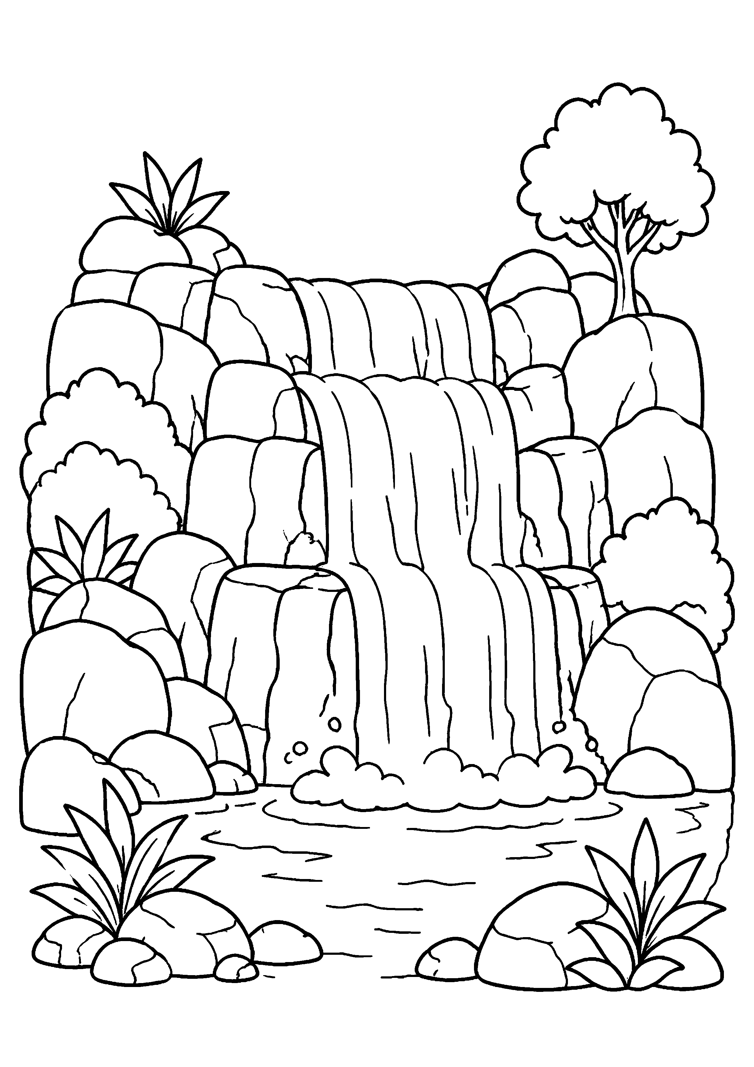Coloriage cascade en plusieurs paliers avec arbres à imprimer gratuitement