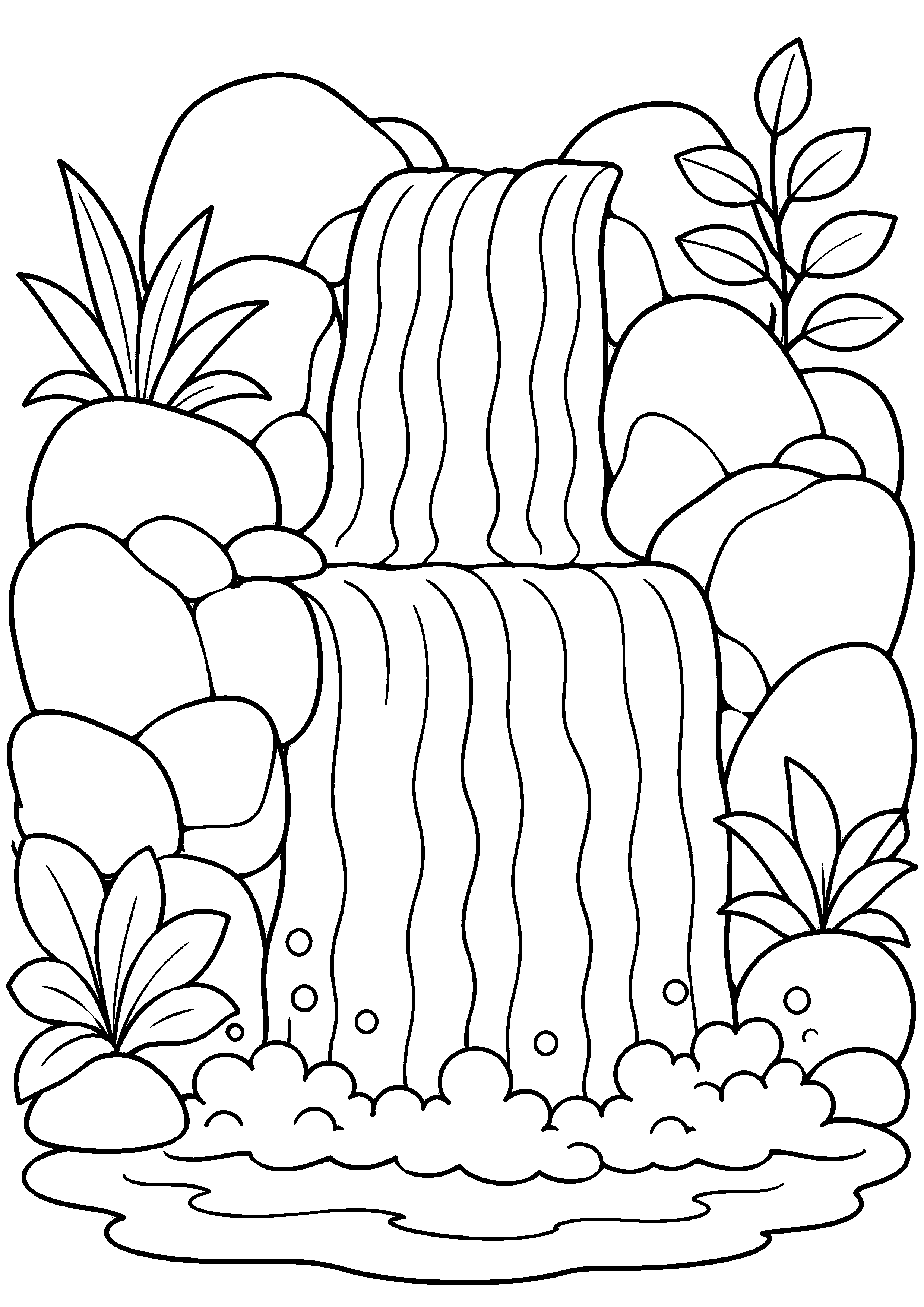 Coloriage cascade à deux étages et grandes feuilles à imprimer gratuitement