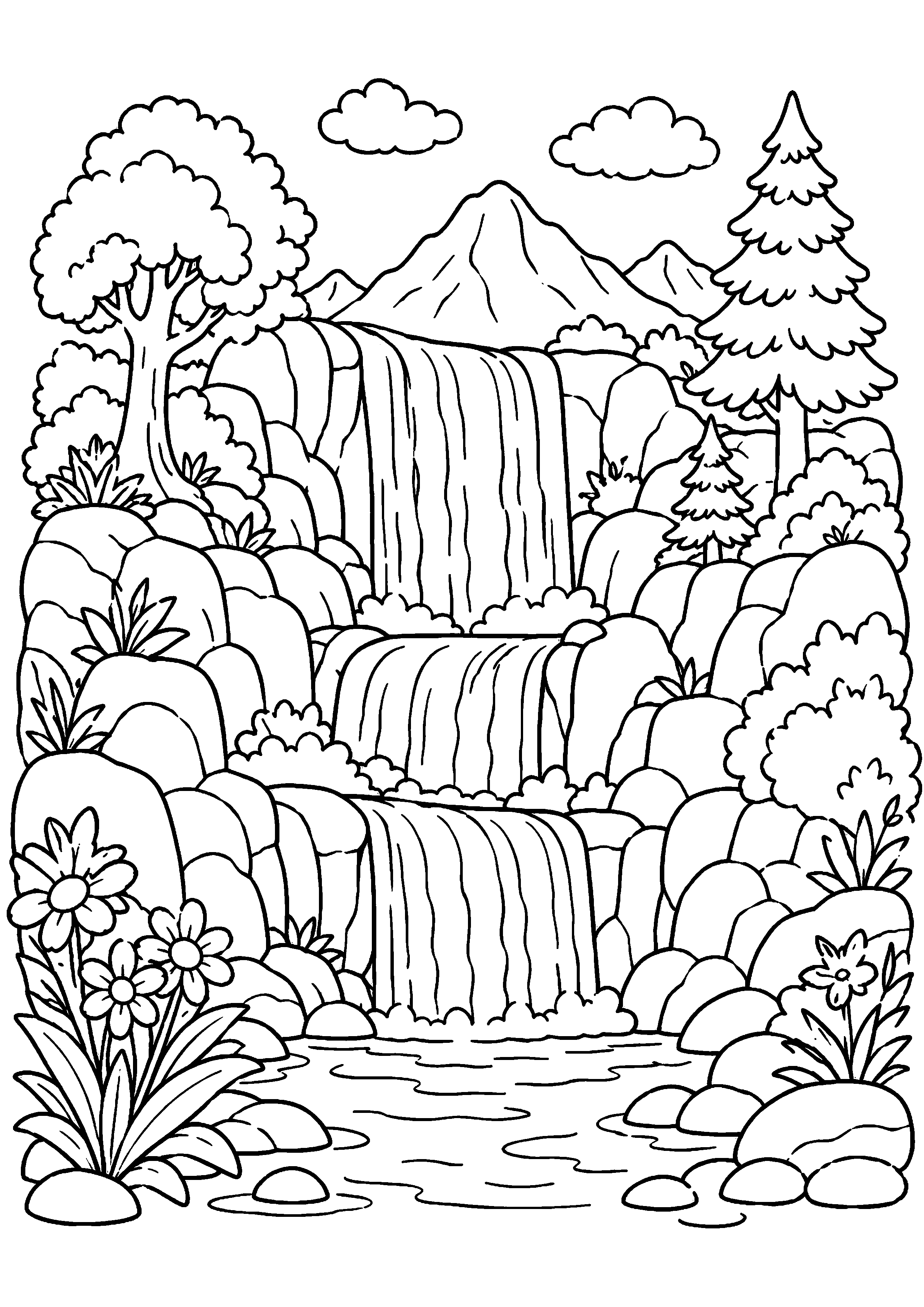 Coloriage cascade de montagne très fleurie à imprimer gratuitement