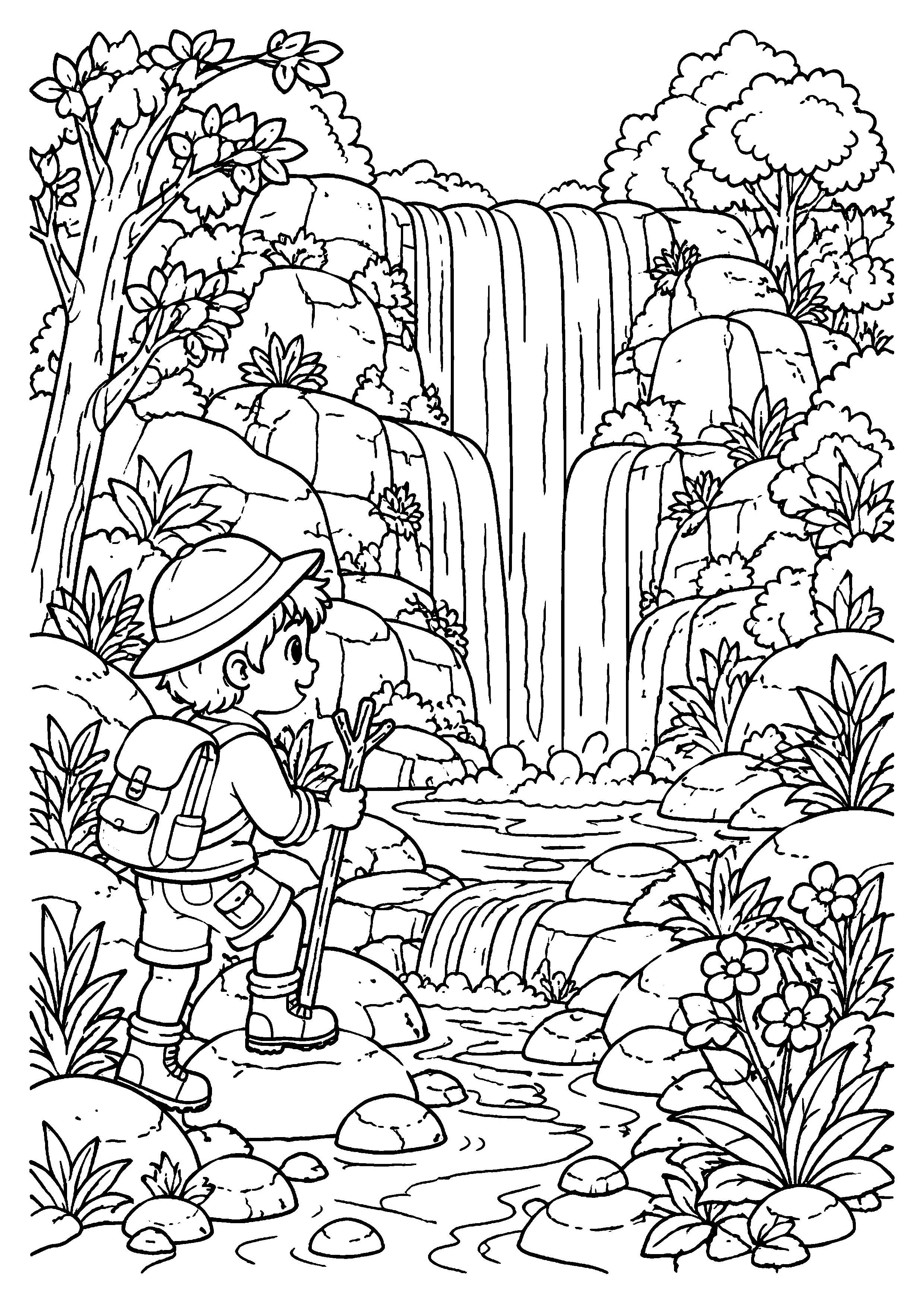 Coloriage explorateur près d’une cascade en forêt à imprimer gratuitement