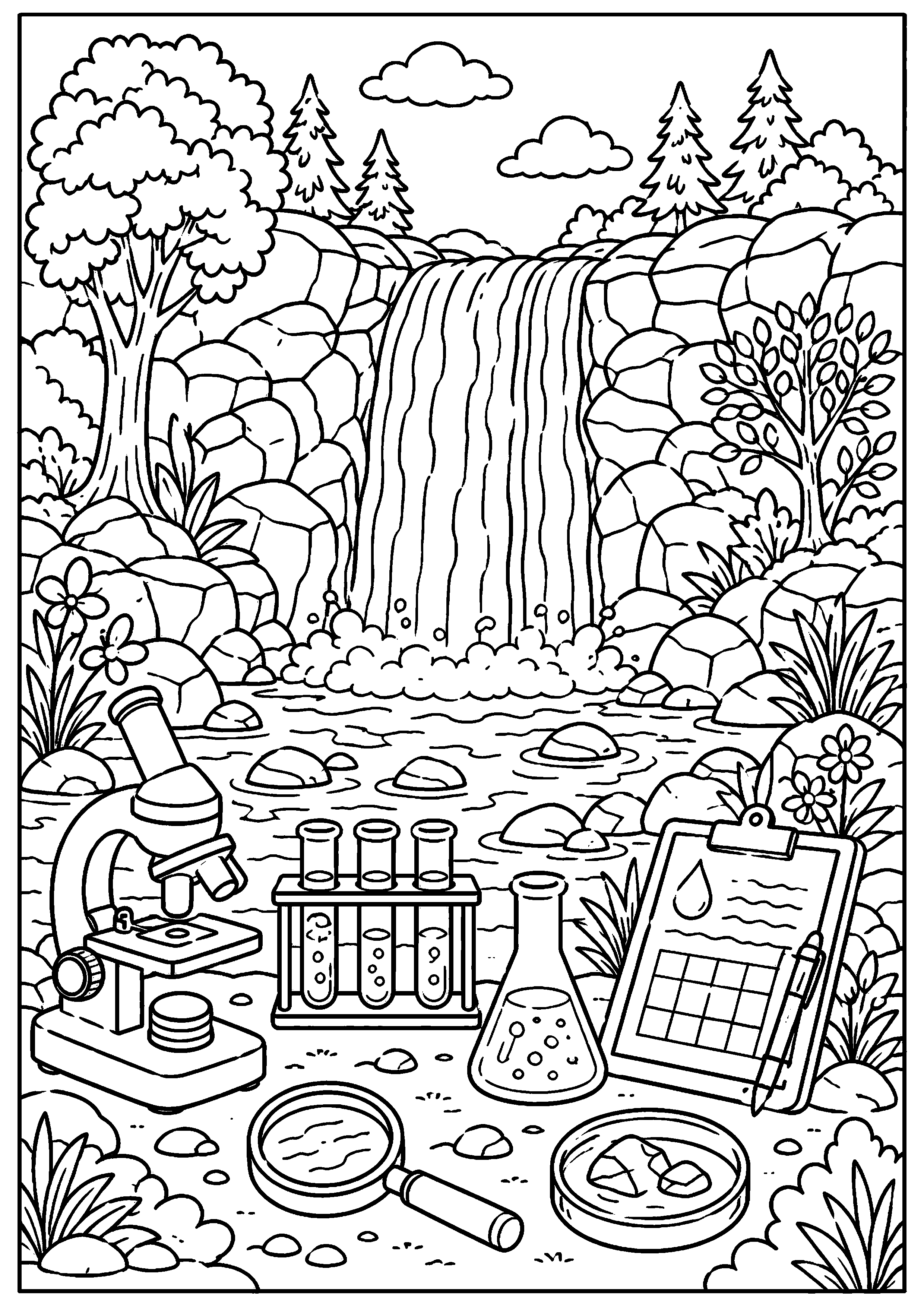 Coloriage campement d’exploration devant une cascade à imprimer gratuitement