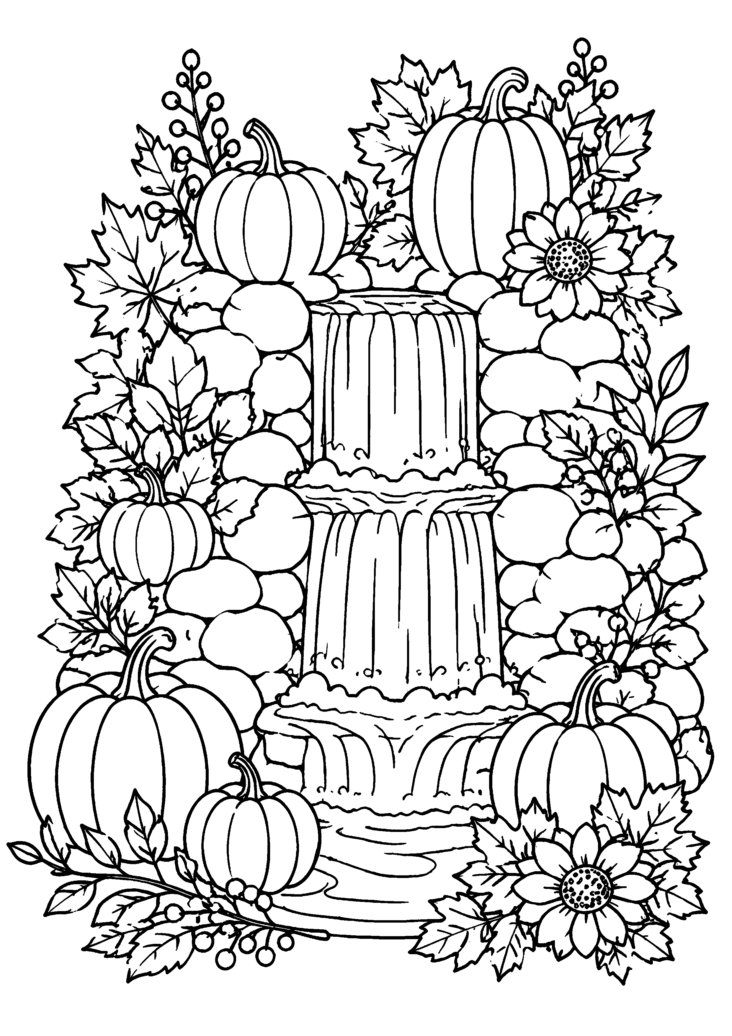 Coloriage cascade décorée de citrouilles et de fleurs à imprimer gratuitement