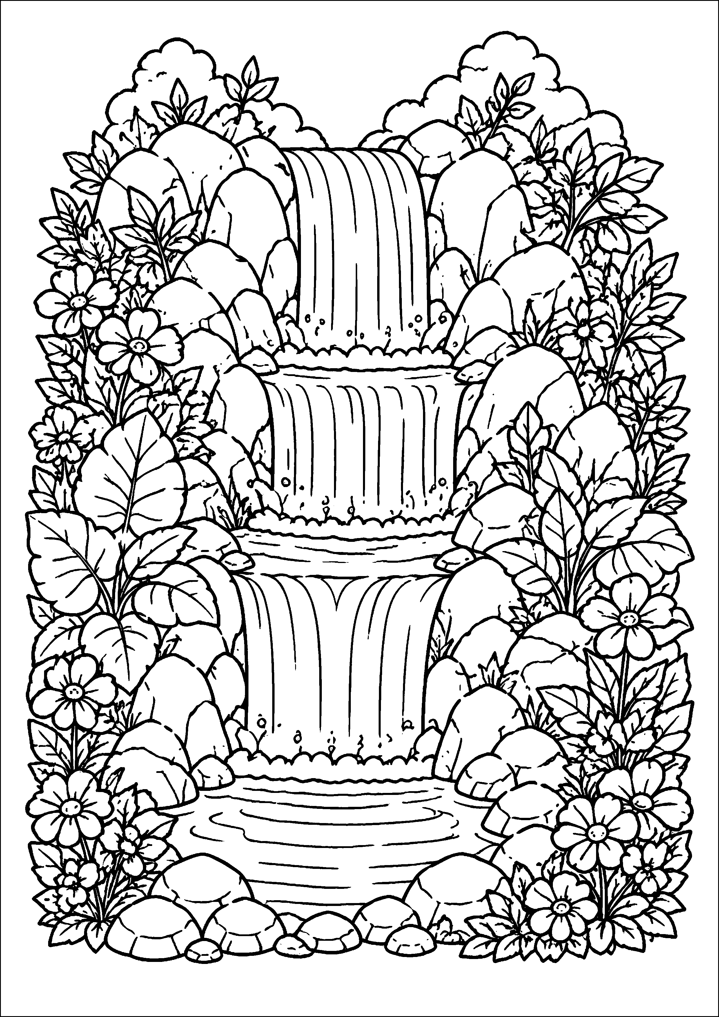 Coloriage cascade à trois niveaux entourée de fleurs à imprimer gratuitement