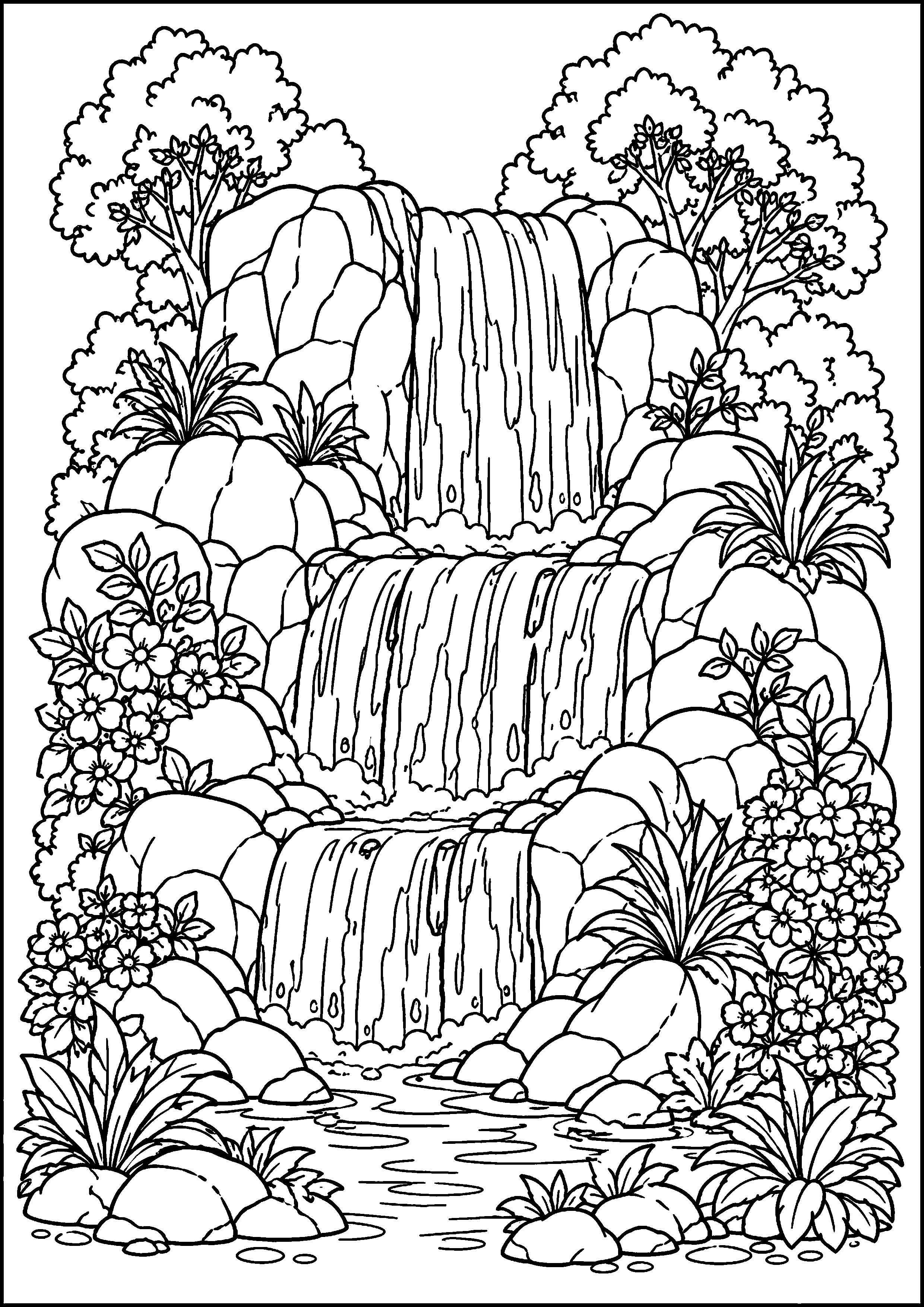 Coloriage cascade sauvage très détaillée au milieu de la végétation à imprimer gratuitement