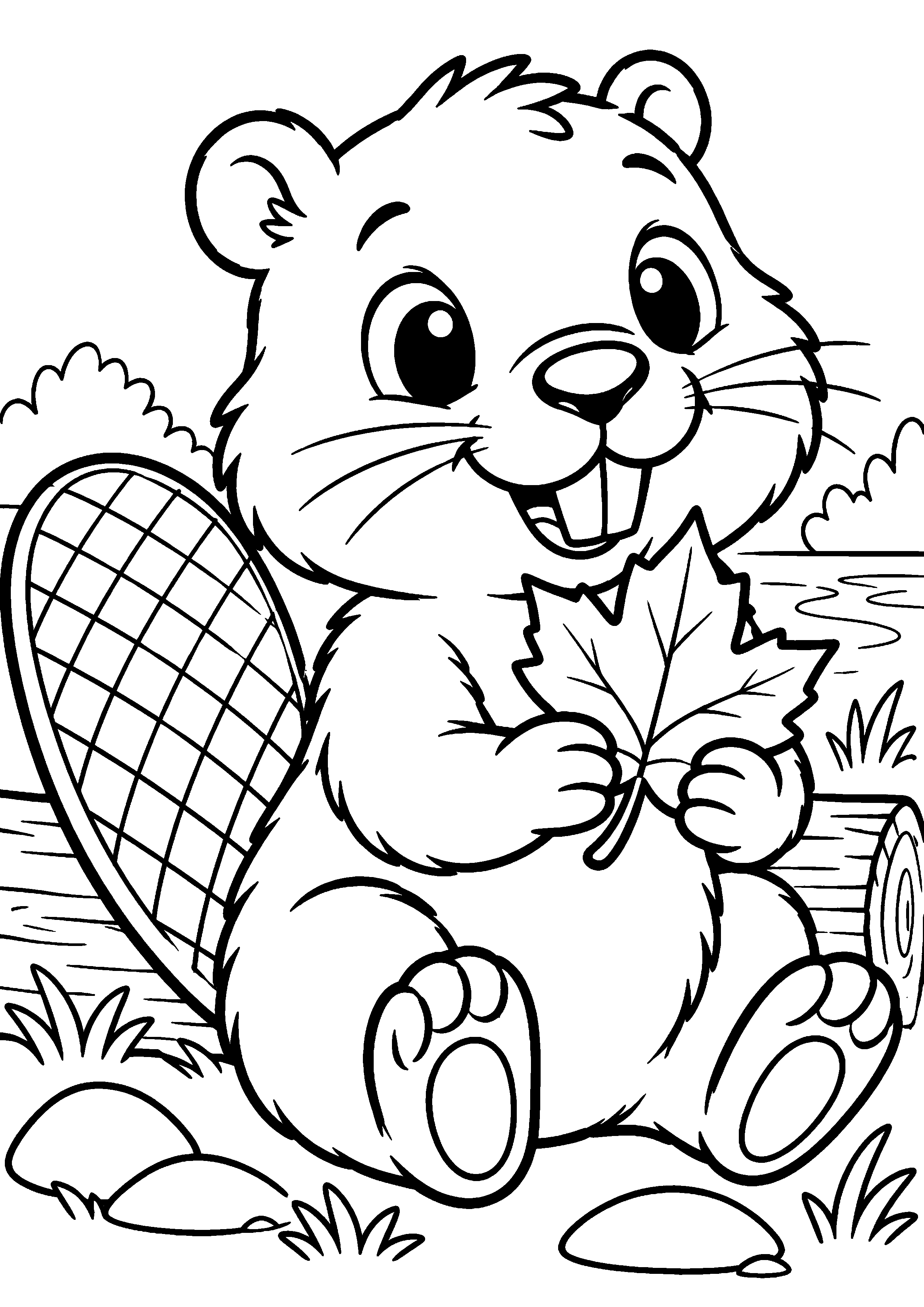 Grand coloriage d’un castor assis sur une large souche, contours noirs nets sur fond blanc