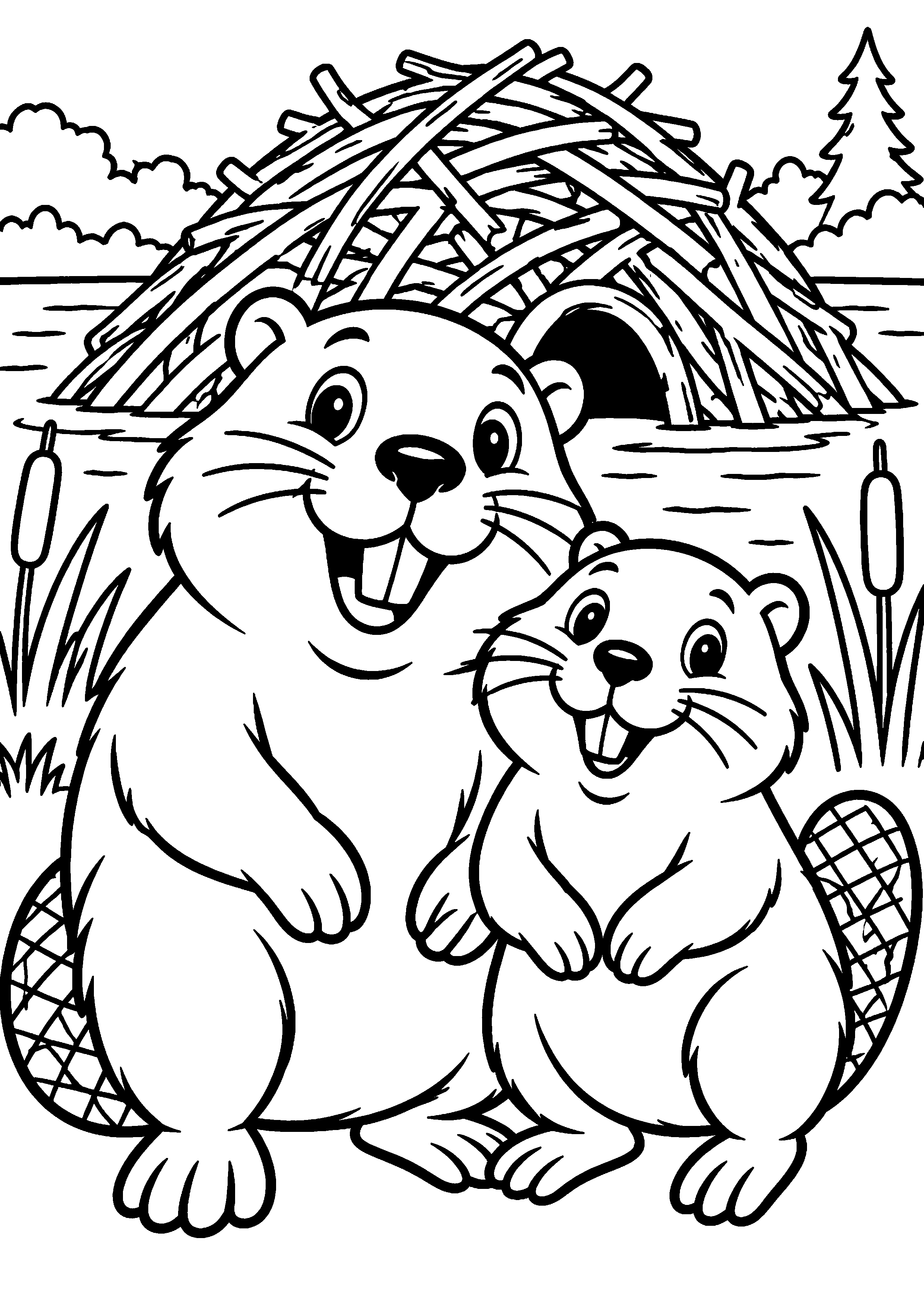 Grand coloriage d’un castor bébé découvrant une grande feuille, contours noirs nets sur fond blanc