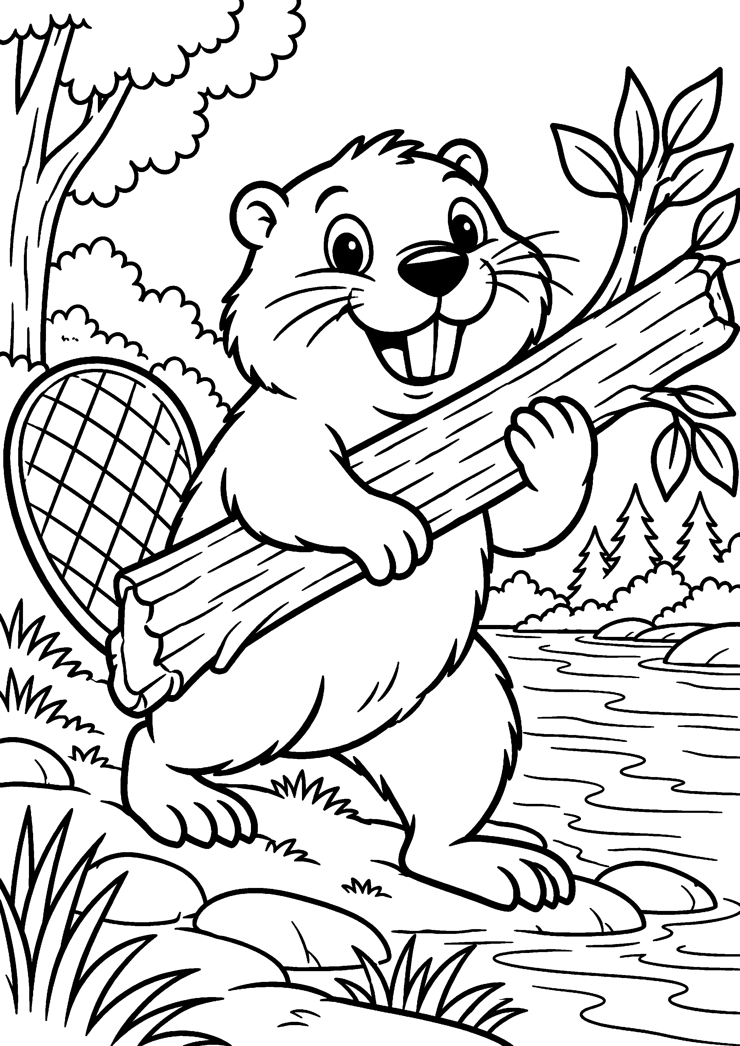 Grand coloriage d’un castor parent et petit blottis l’un contre l’autre, contours noirs nets sur fond blanc