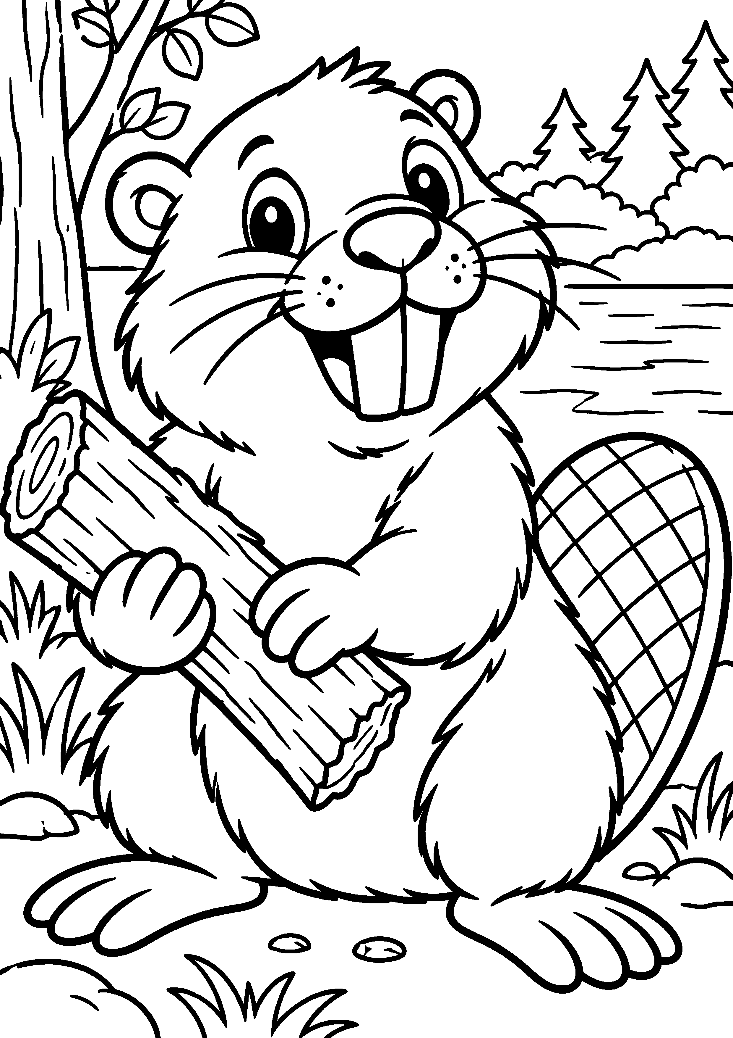 Grand coloriage d’un castor en famille de trois dans son habitat, contours noirs nets sur fond blanc