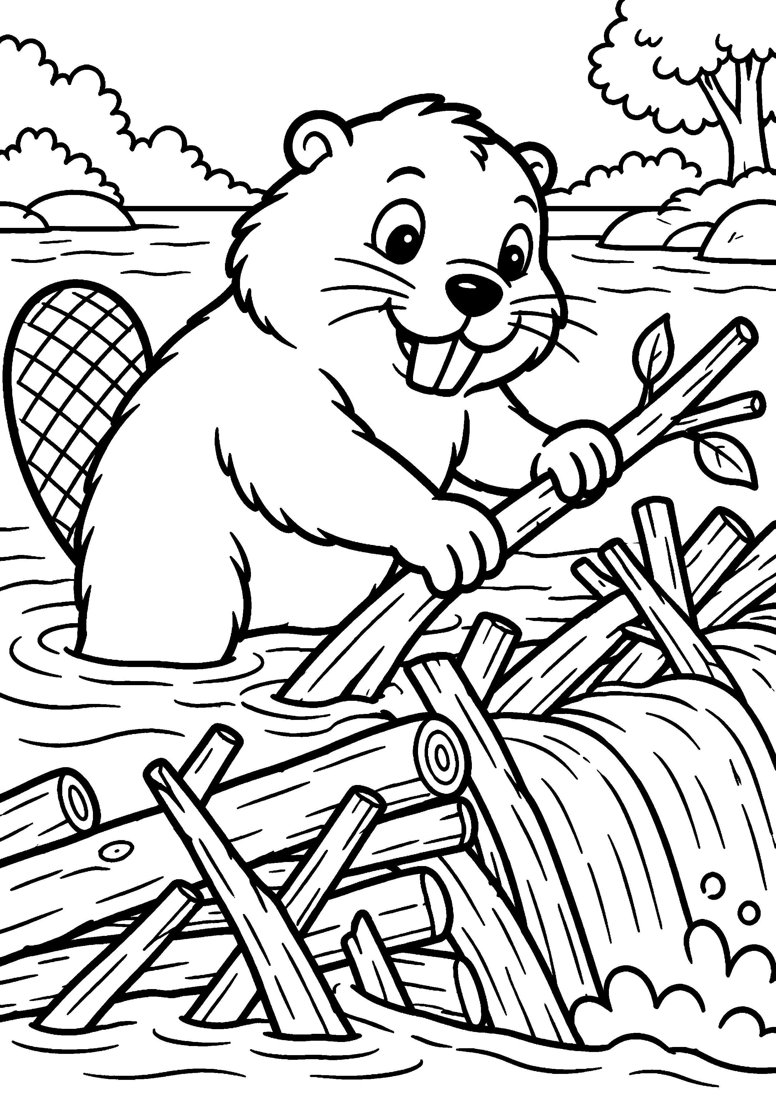 Grand coloriage d’un castor mangeant sa nourriture naturelle, contours noirs nets sur fond blanc