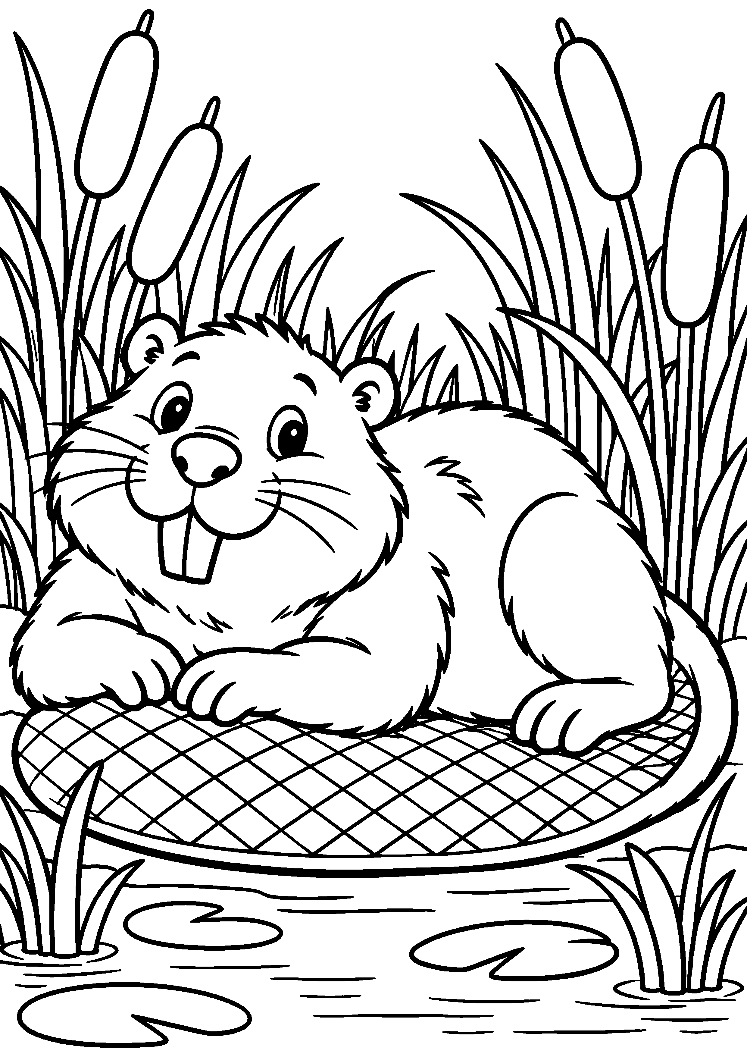 Grand coloriage d’un castor buvant au bord d’un ruisseau, contours noirs nets sur fond blanc