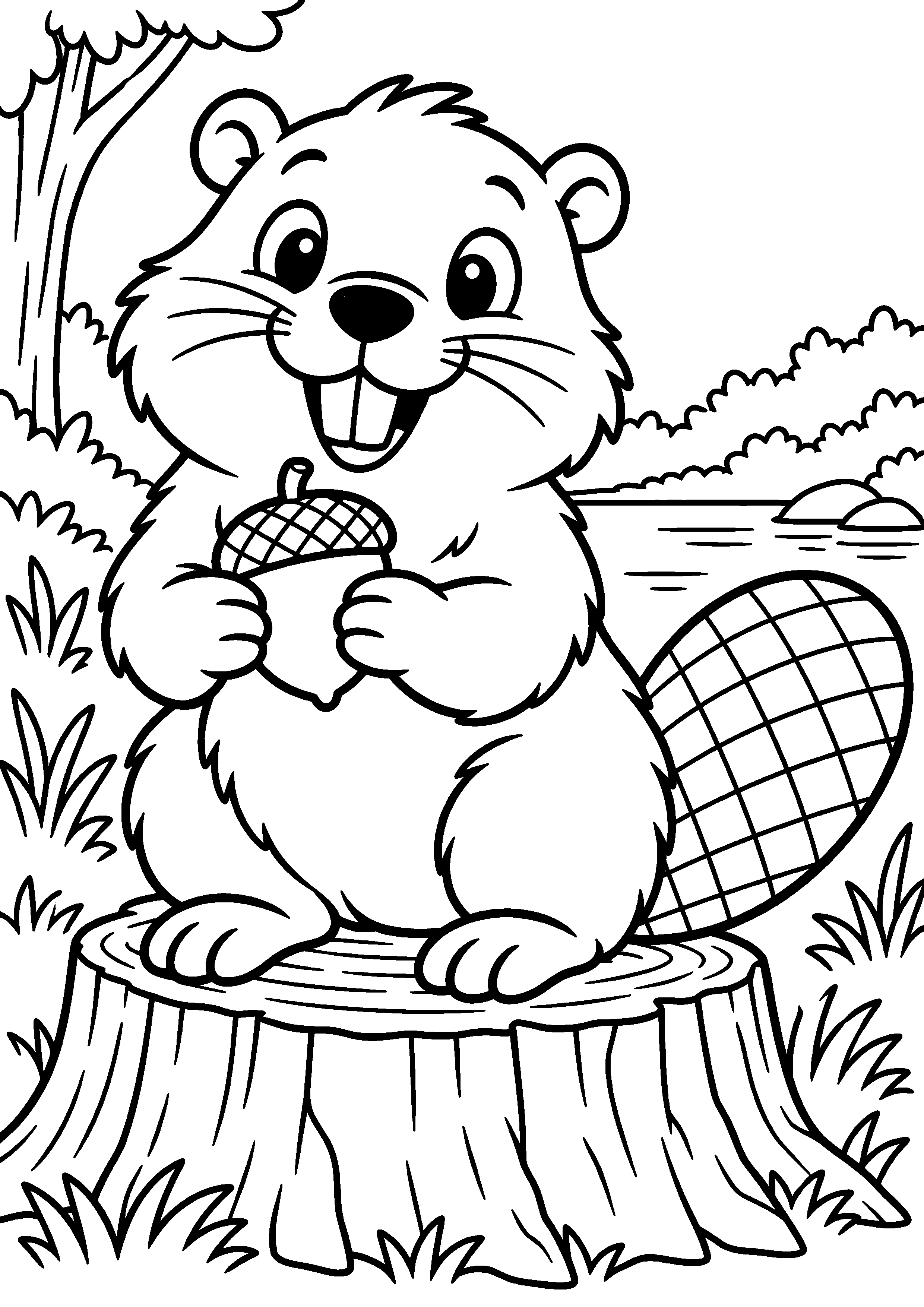Grand coloriage d’un castor jouant avec une branche, contours noirs nets sur fond blanc