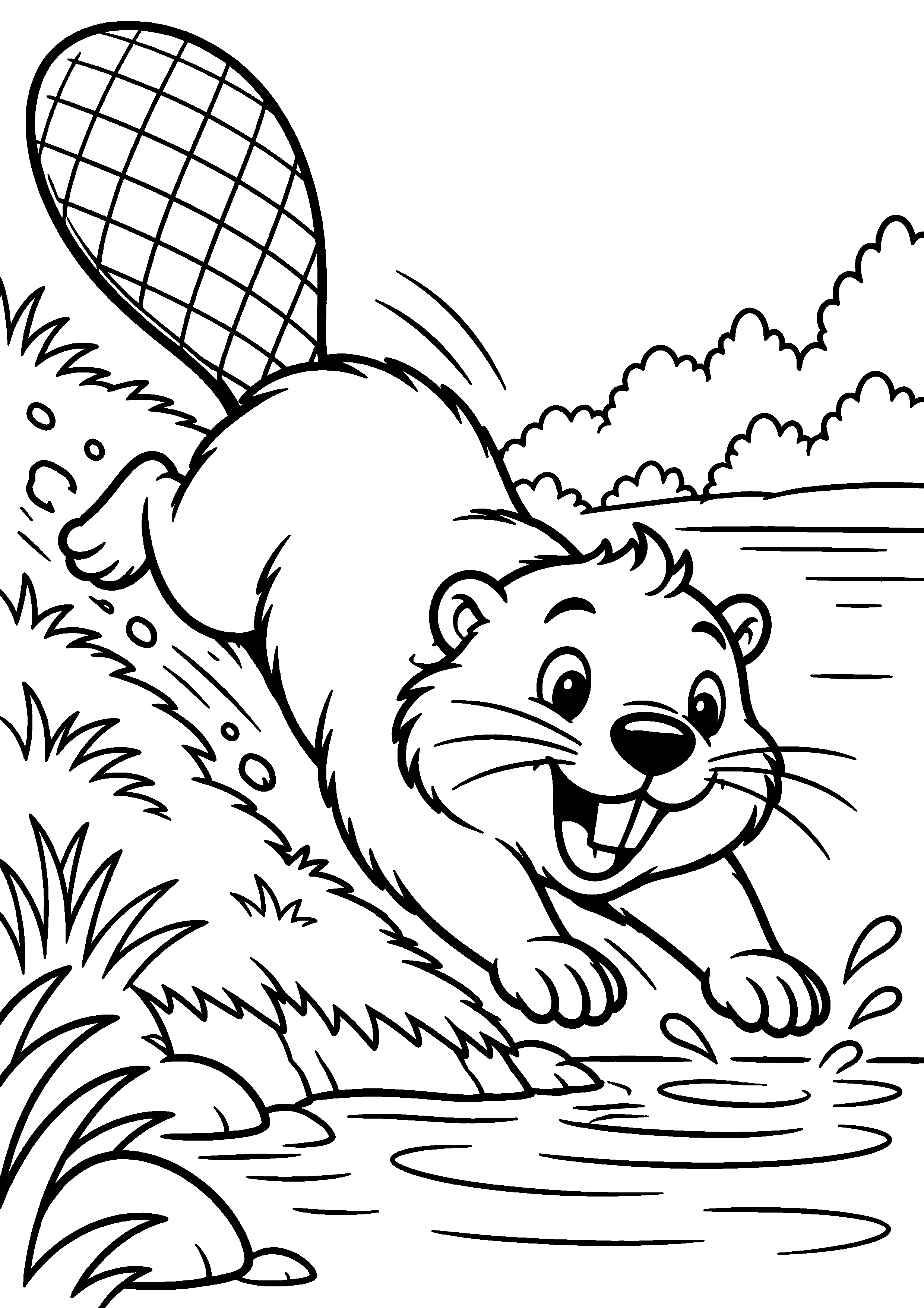 Grand coloriage d’un castor courant dans une clairière, contours noirs nets sur fond blanc
