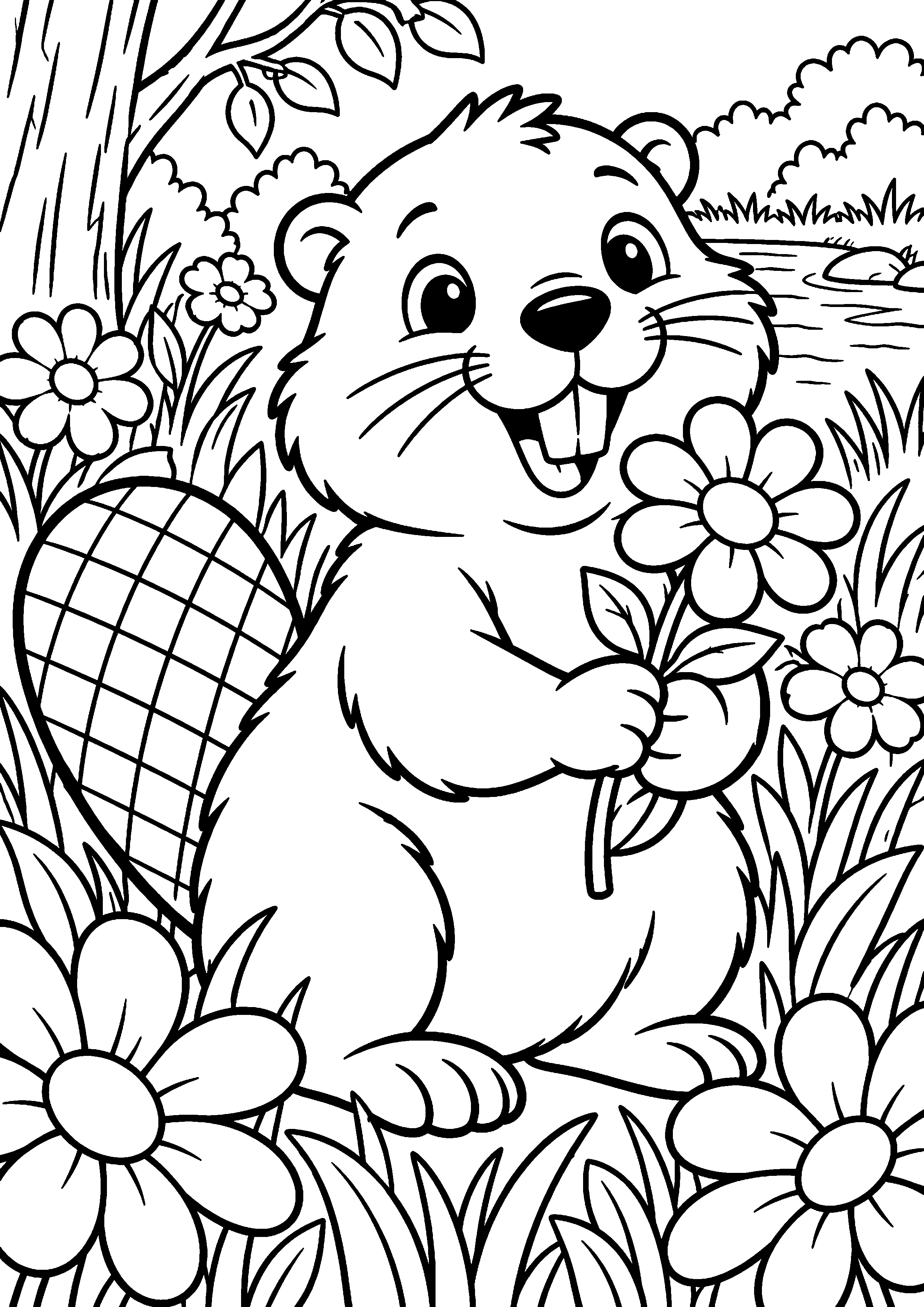 Grand coloriage d’un castor sautant au-dessus d’un petit tronc, contours noirs nets sur fond blanc