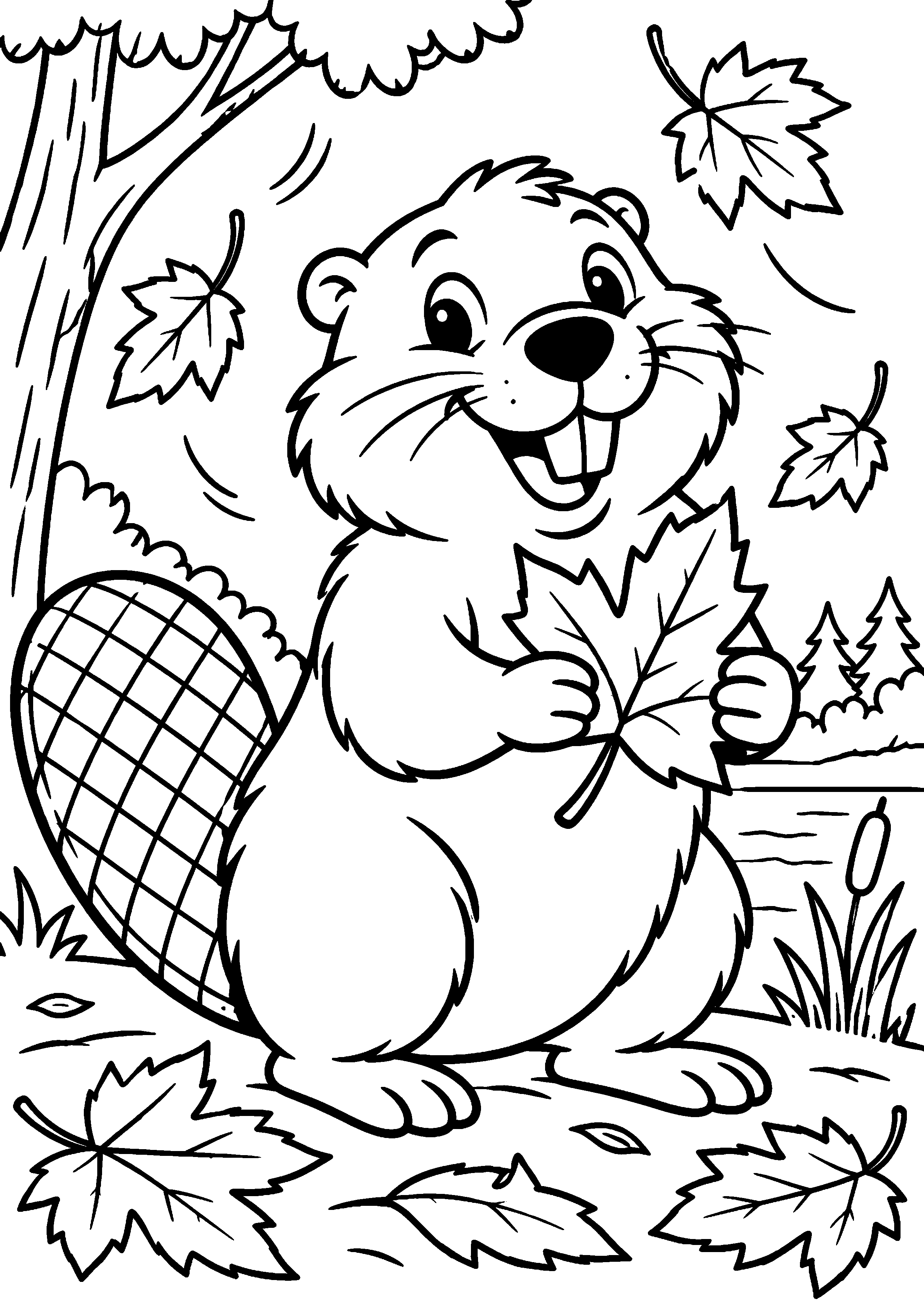 Grand coloriage d’un castor se reposant sous un arbre, contours noirs nets sur fond blanc