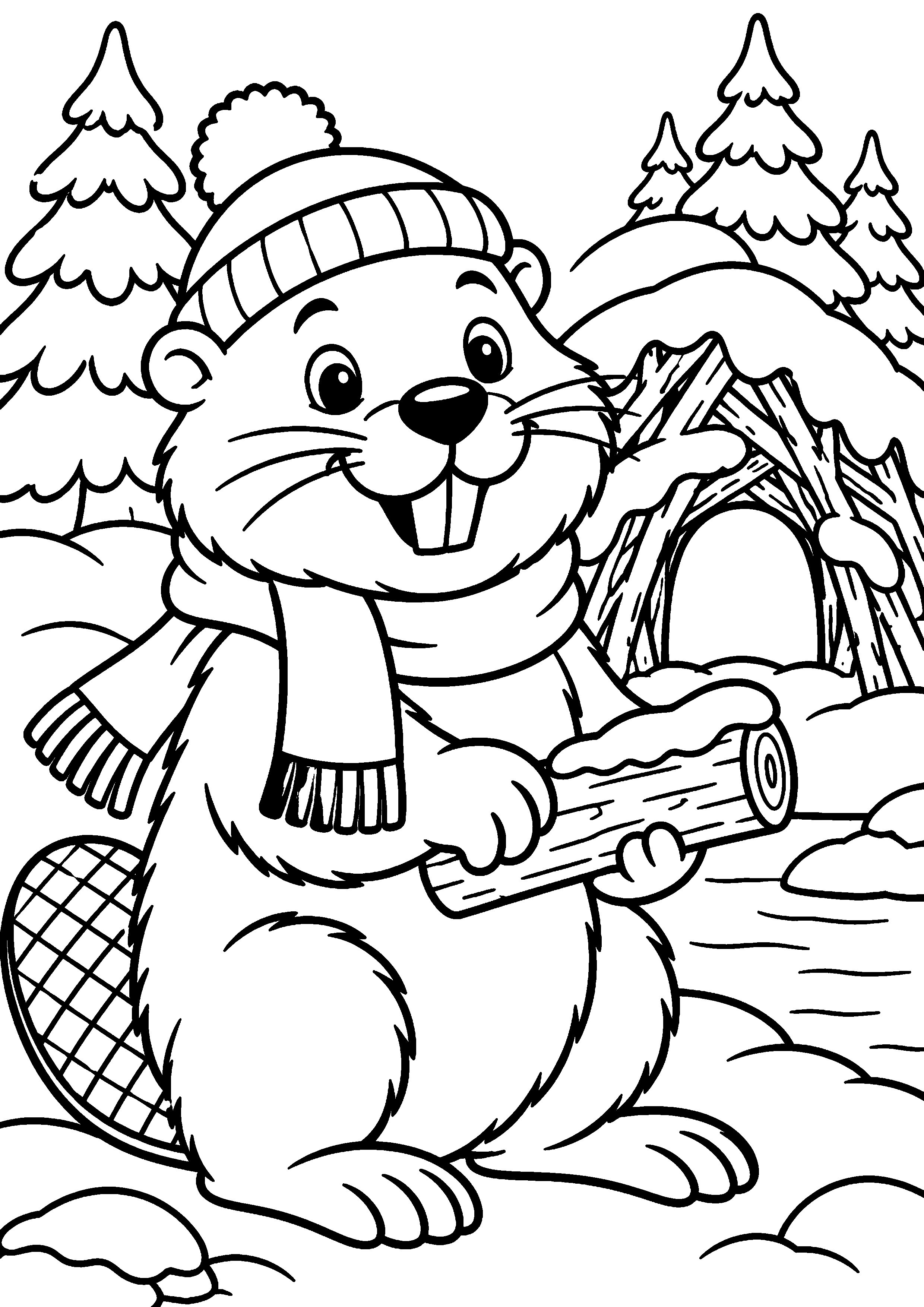 Grand coloriage d’un castor observant un papillon, contours noirs nets sur fond blanc