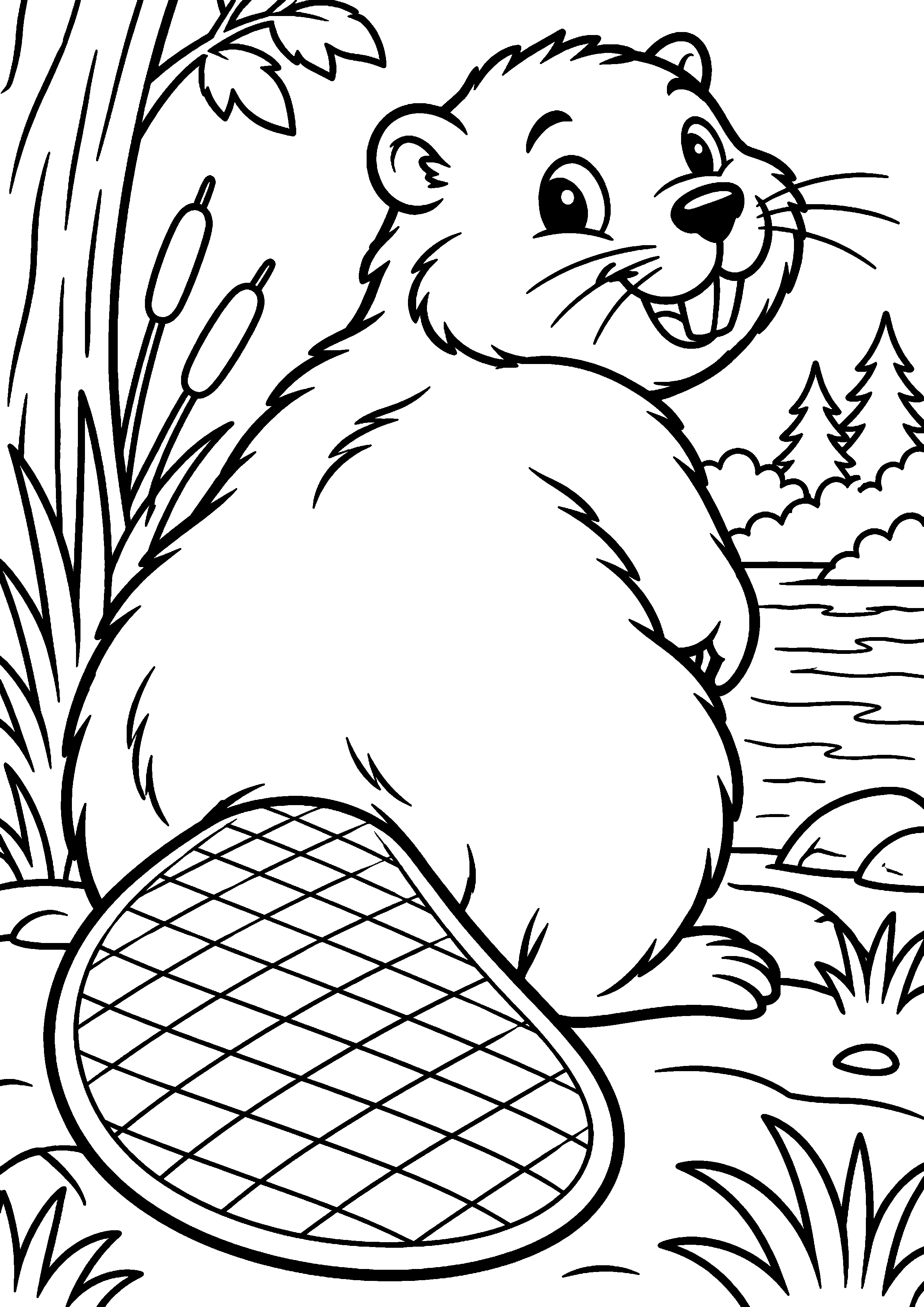 Grand coloriage d’un castor entouré de fleurs de printemps, contours noirs nets sur fond blanc