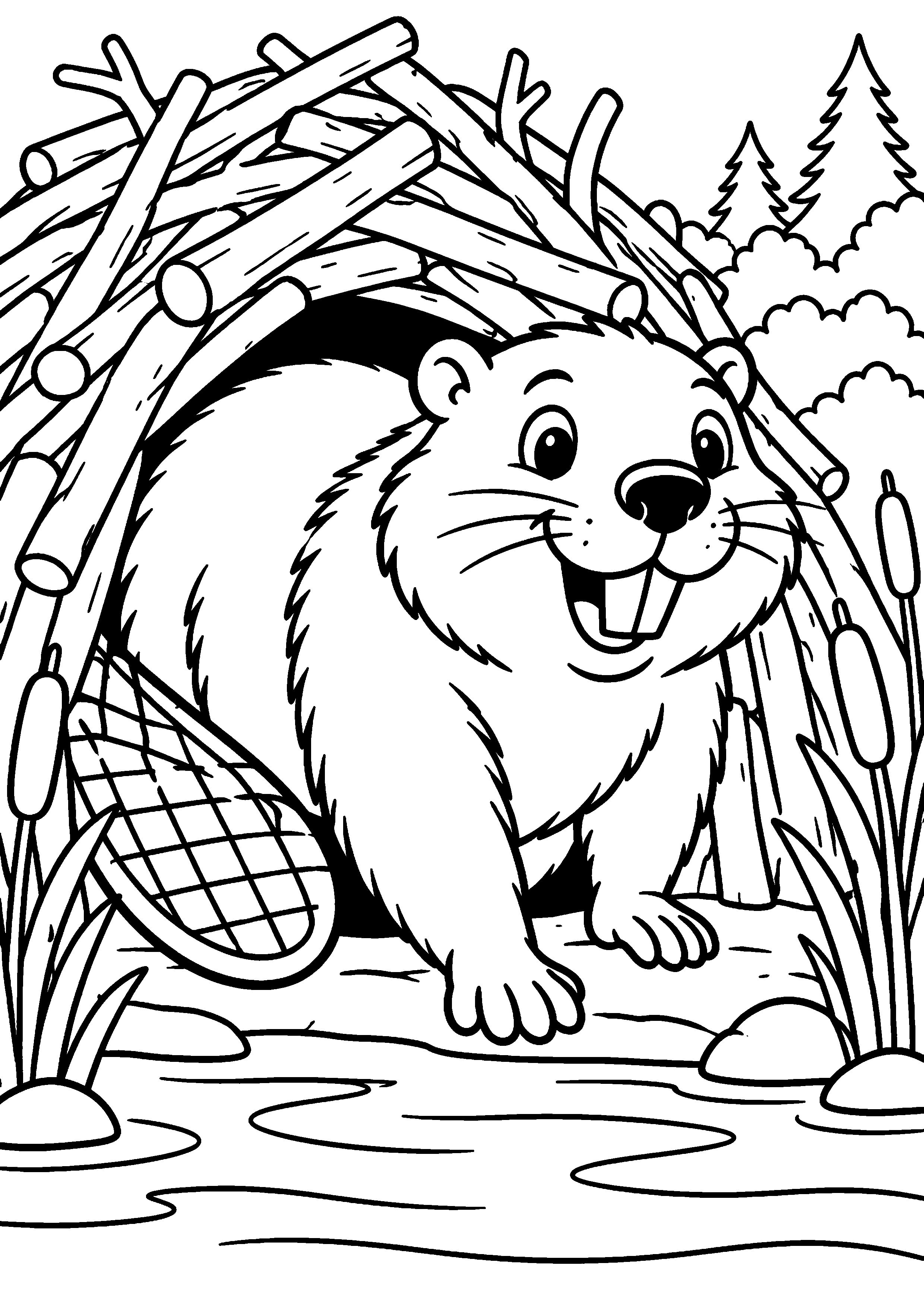 Grand coloriage d’un castor près de son abri naturel, contours noirs nets sur fond blanc