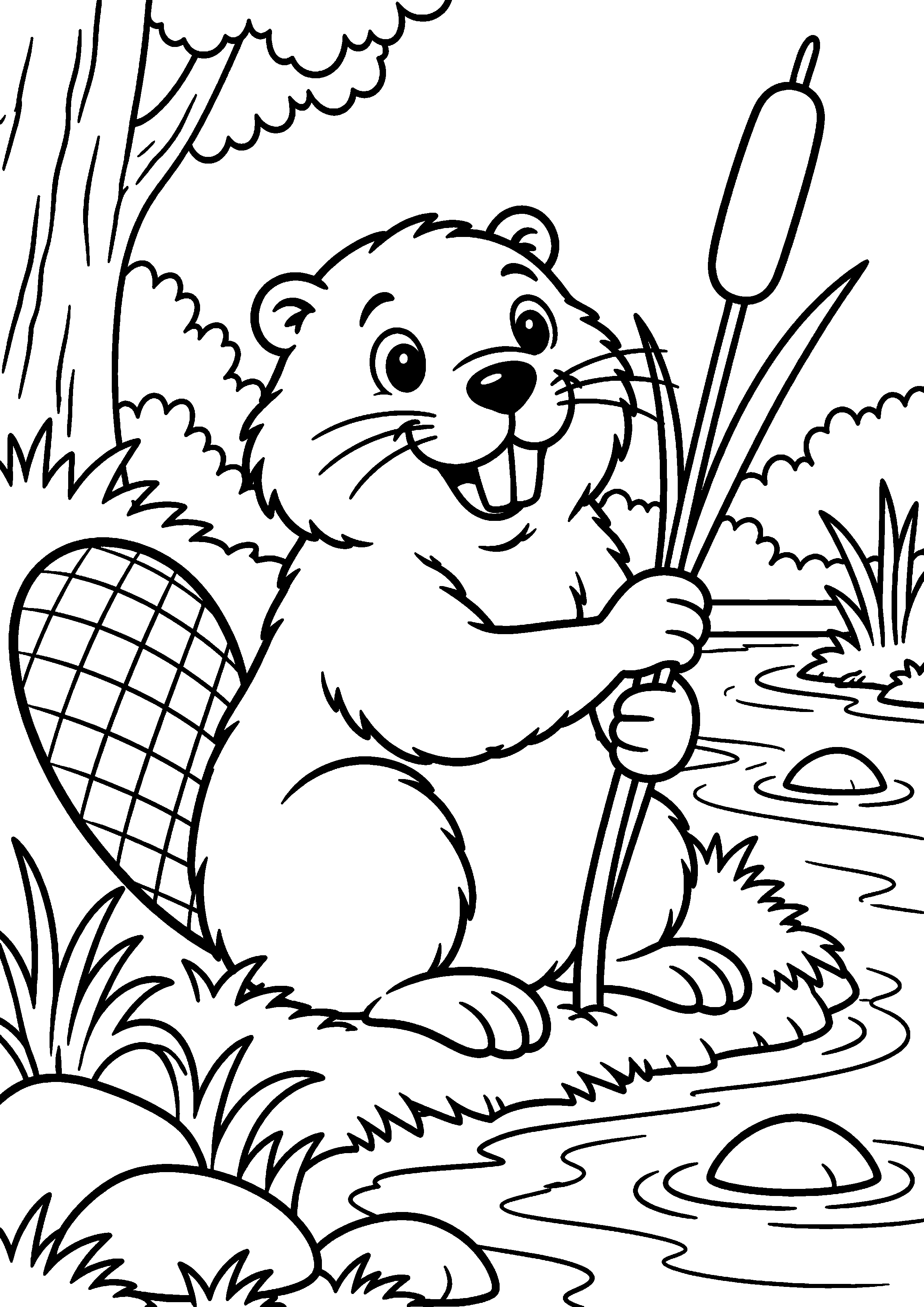 Grand coloriage d’un castor explorant de grands rochers, contours noirs nets sur fond blanc
