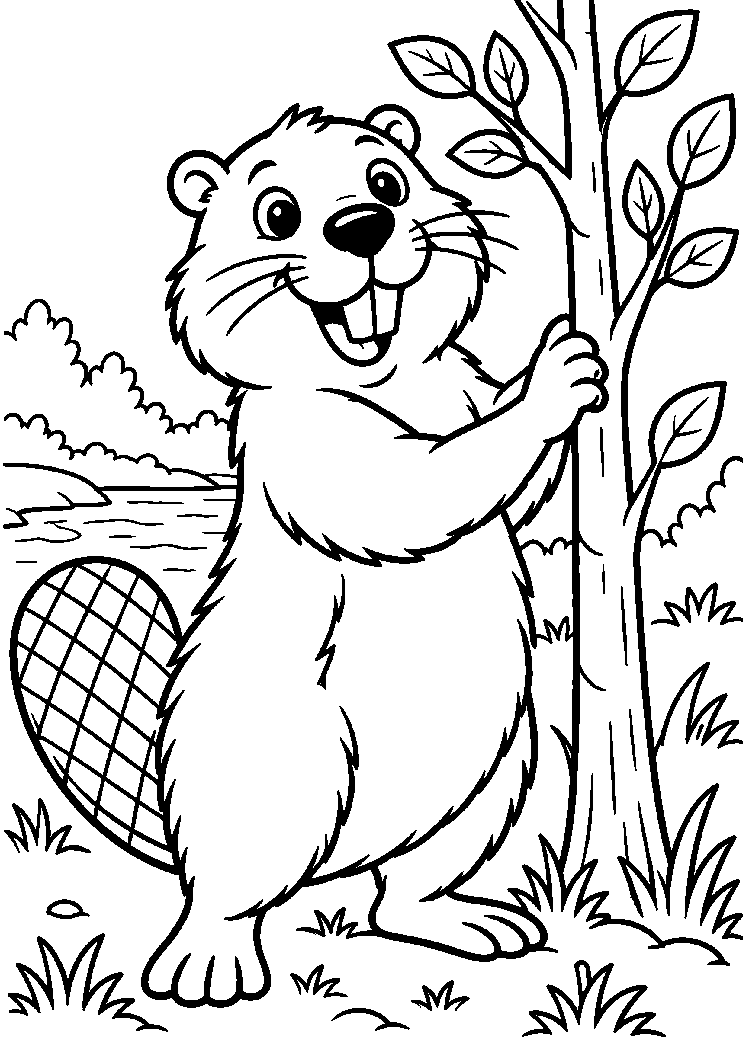 Grand coloriage d’un castor traversant un tronc couché, contours noirs nets sur fond blanc