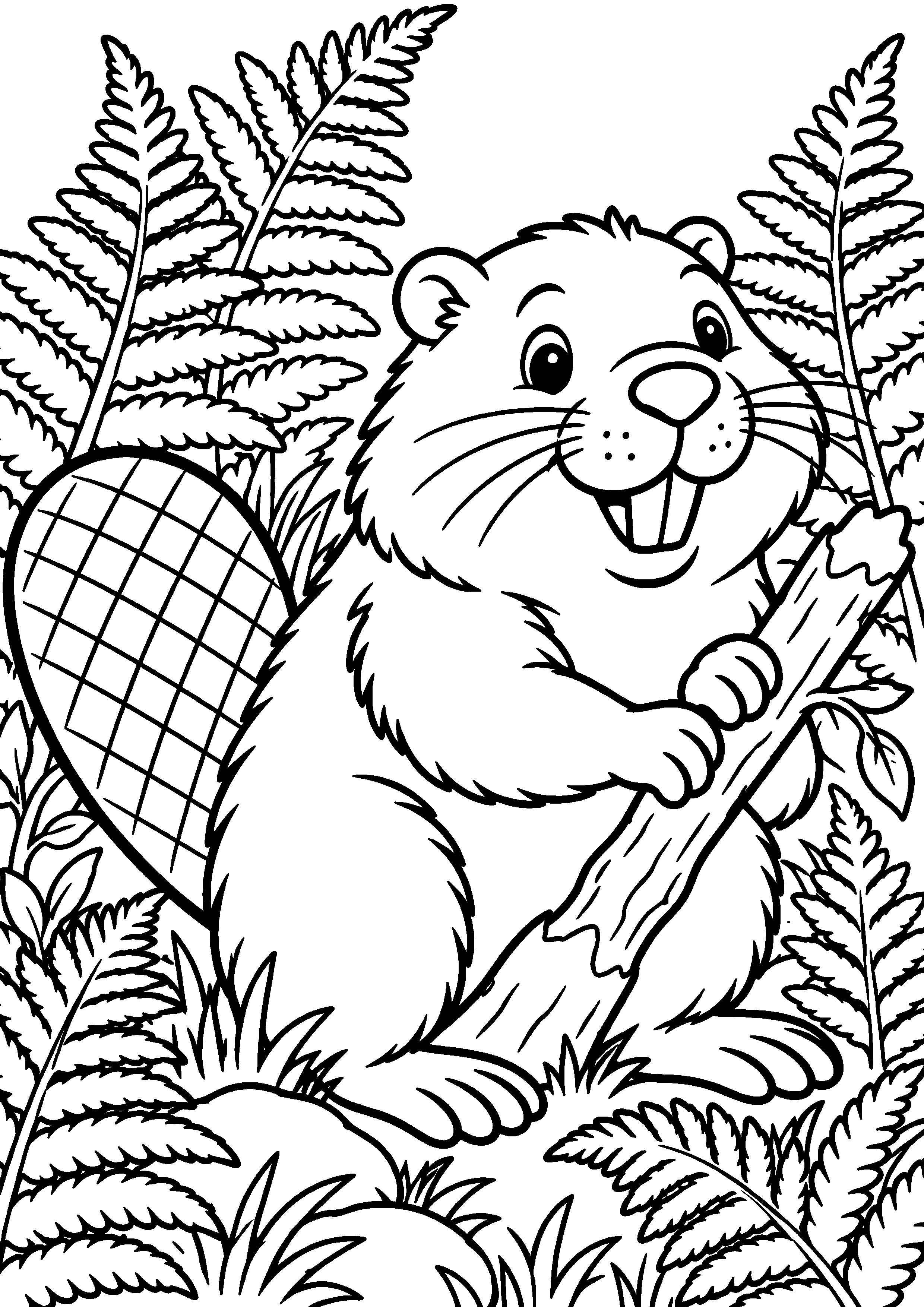 Grand coloriage d’un castor en portrait facile pour la maternelle, contours noirs nets sur fond blanc