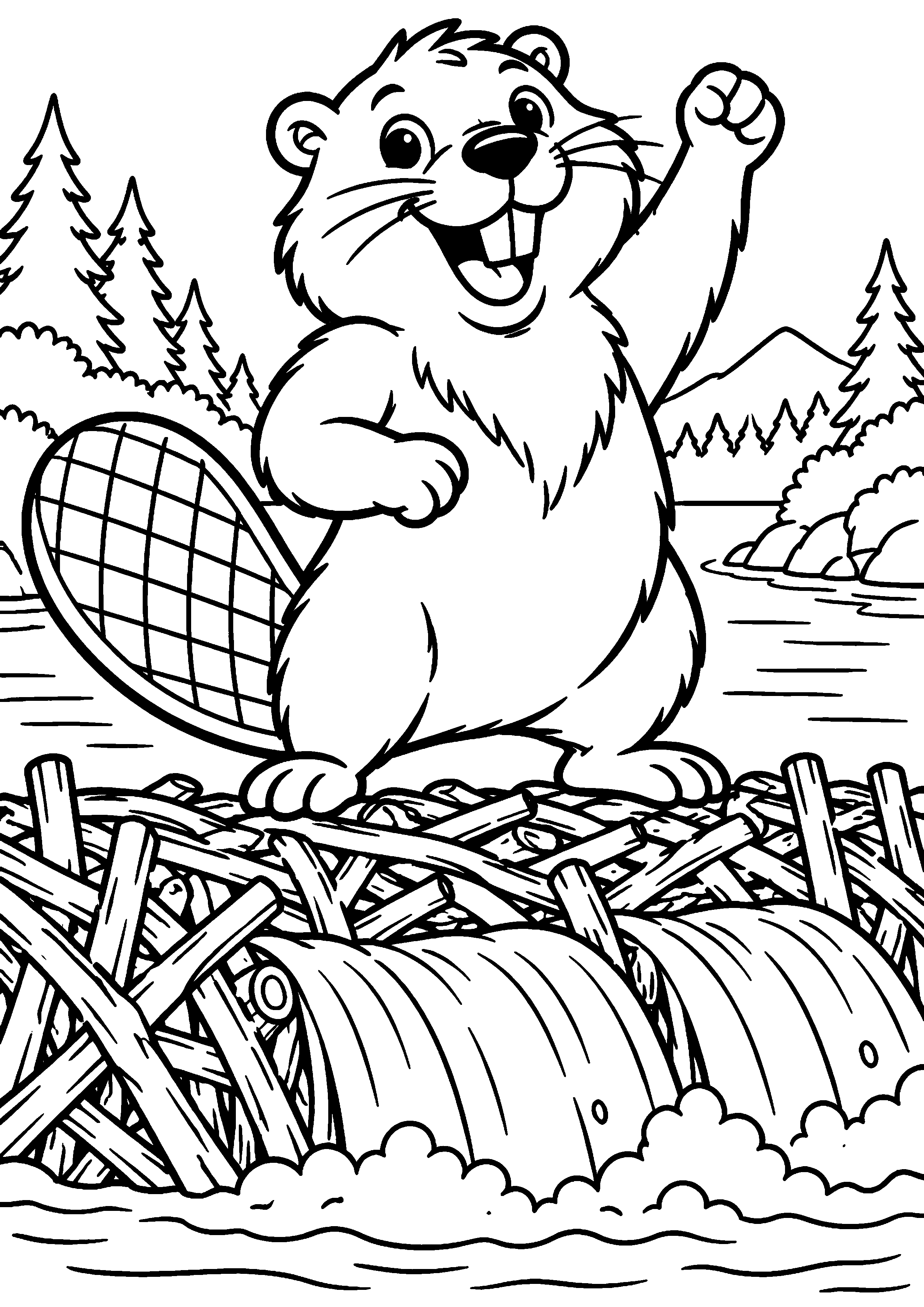 Grand coloriage d’un castor dans son habitat naturel détaillé, contours noirs nets sur fond blanc