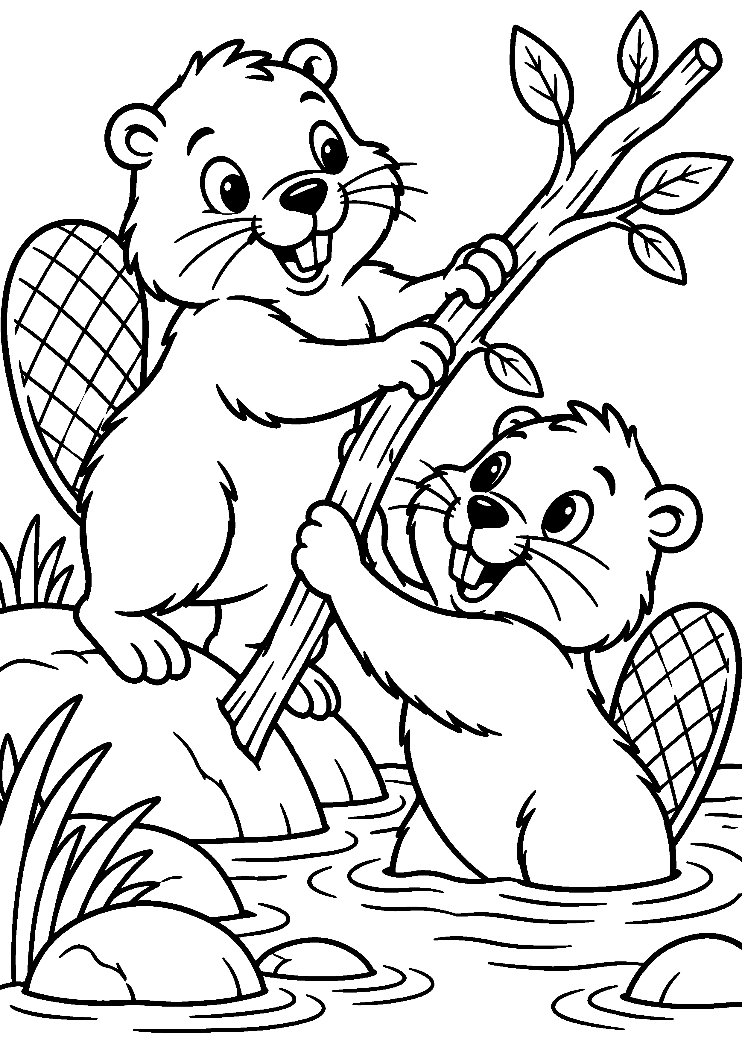 Grand coloriage d’un castor en mouvement vu de trois quarts, contours noirs nets sur fond blanc