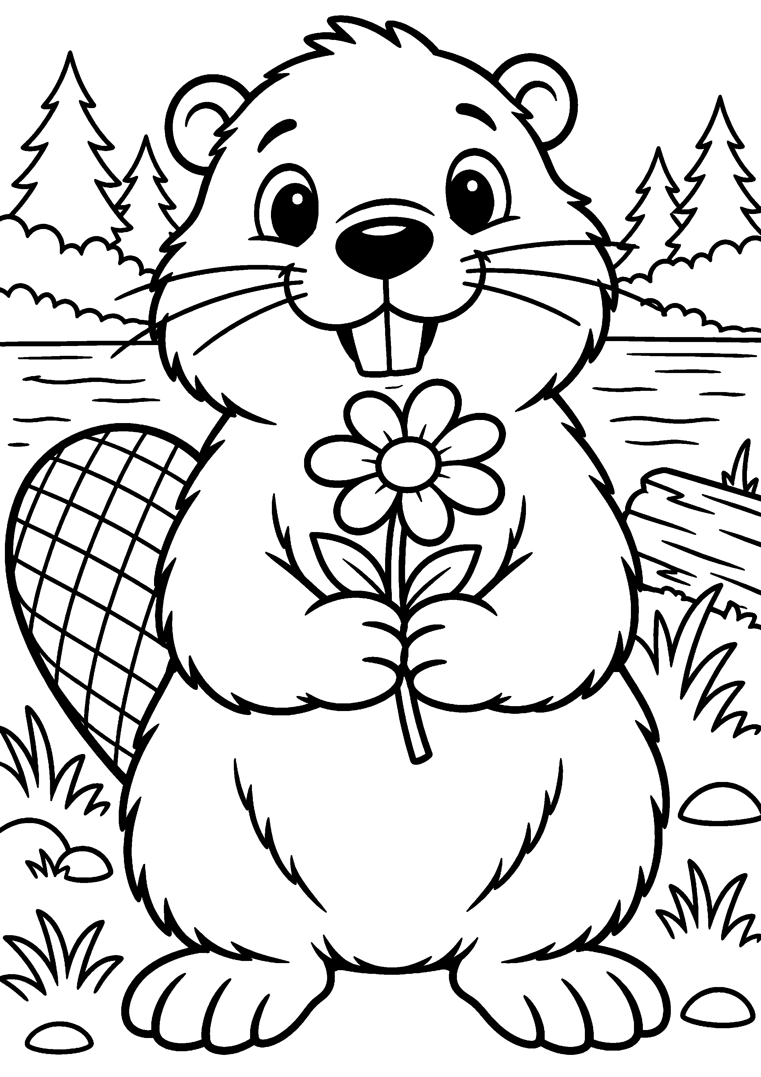 Grand coloriage d’un castor avec deux petits qui jouent, contours noirs nets sur fond blanc